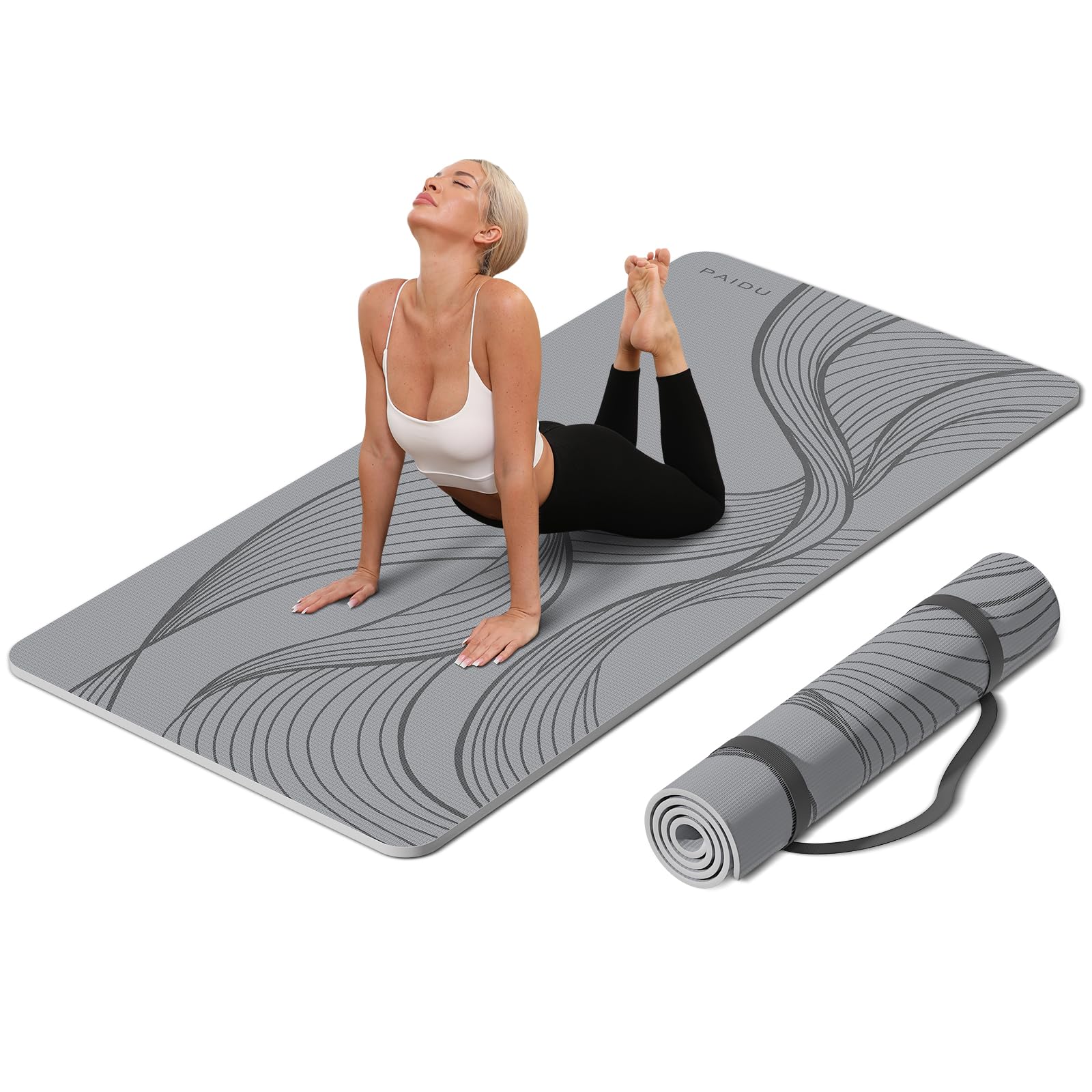 PAIDU Grote Yogamat - 183x90x1 cm Extra Breed & Dik, Comfortabel, Antislip Oefenmat - Werkt Geweldig op Alle Vloeren voor Stretching, Yoga Studio, Sportschool of Thuistrainingen (Grijs