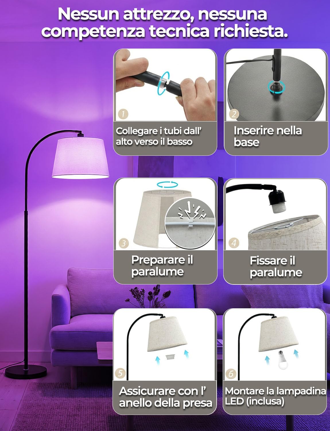 Piantana Lampada da Terra ad Arco Salotto LED Moderna, 170CM Doppio Controllo con Telecomando e Interruttore a Piede, 9 Colori +6 Dinamici, Lampadina Dimmerabile, CRI92, 1200LM, per Soggiorno e Camera