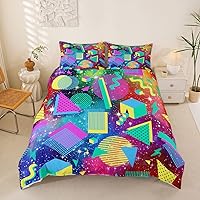 Vista 31 de Juego de funda de edredón estilo Memphis, tamaño matrimonial, diseño abstracto colorido con puntos funky para niños y niñas, funda de edredón