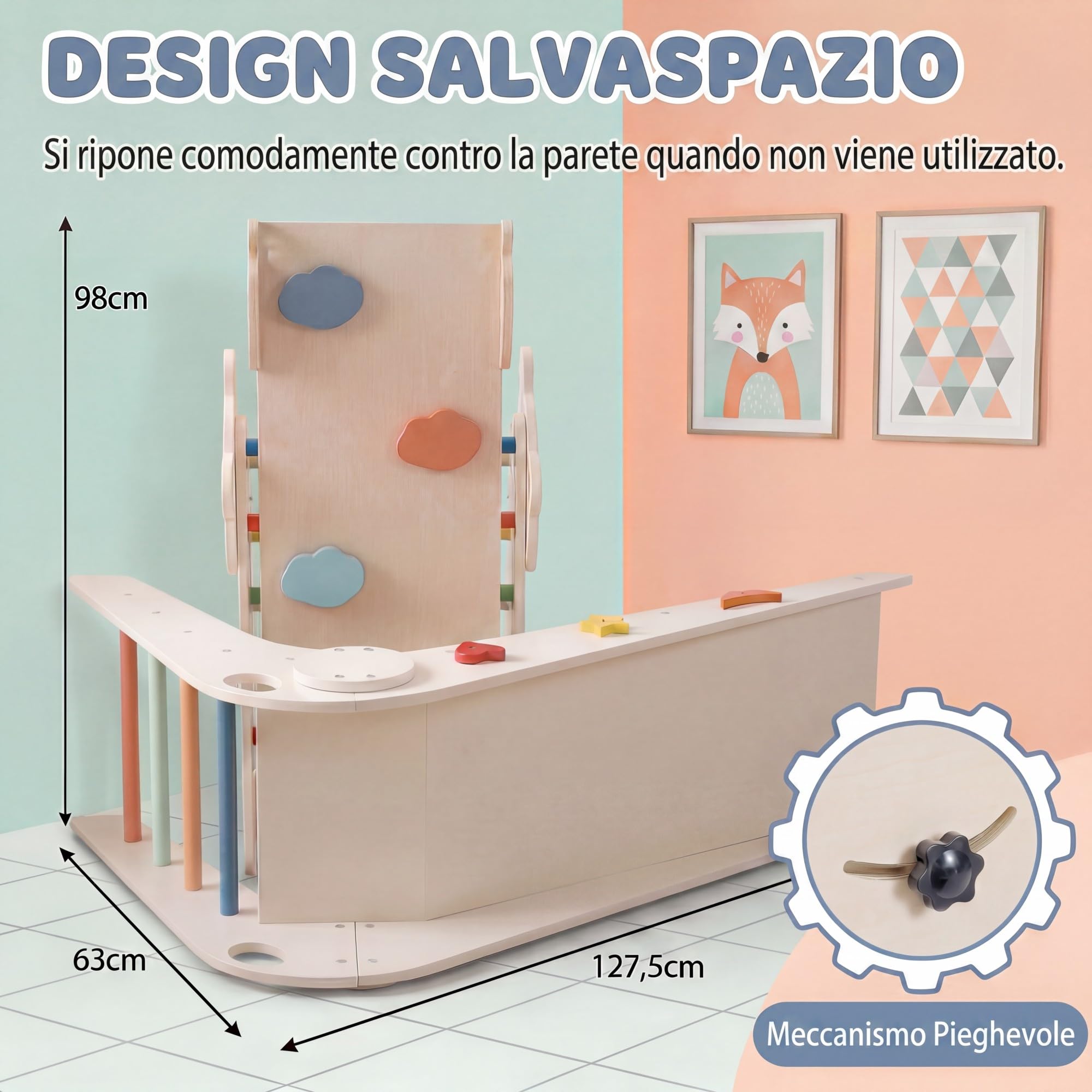 RELAX4LIFE 4 in 1 Triangolo da Arrampicata, Arco da Arrampicata in Legno con Scala e Scivolo, Rampa a Doppia Faccia, Triangolo Giochi Montessori per Bambini 3+Anni (Beige)