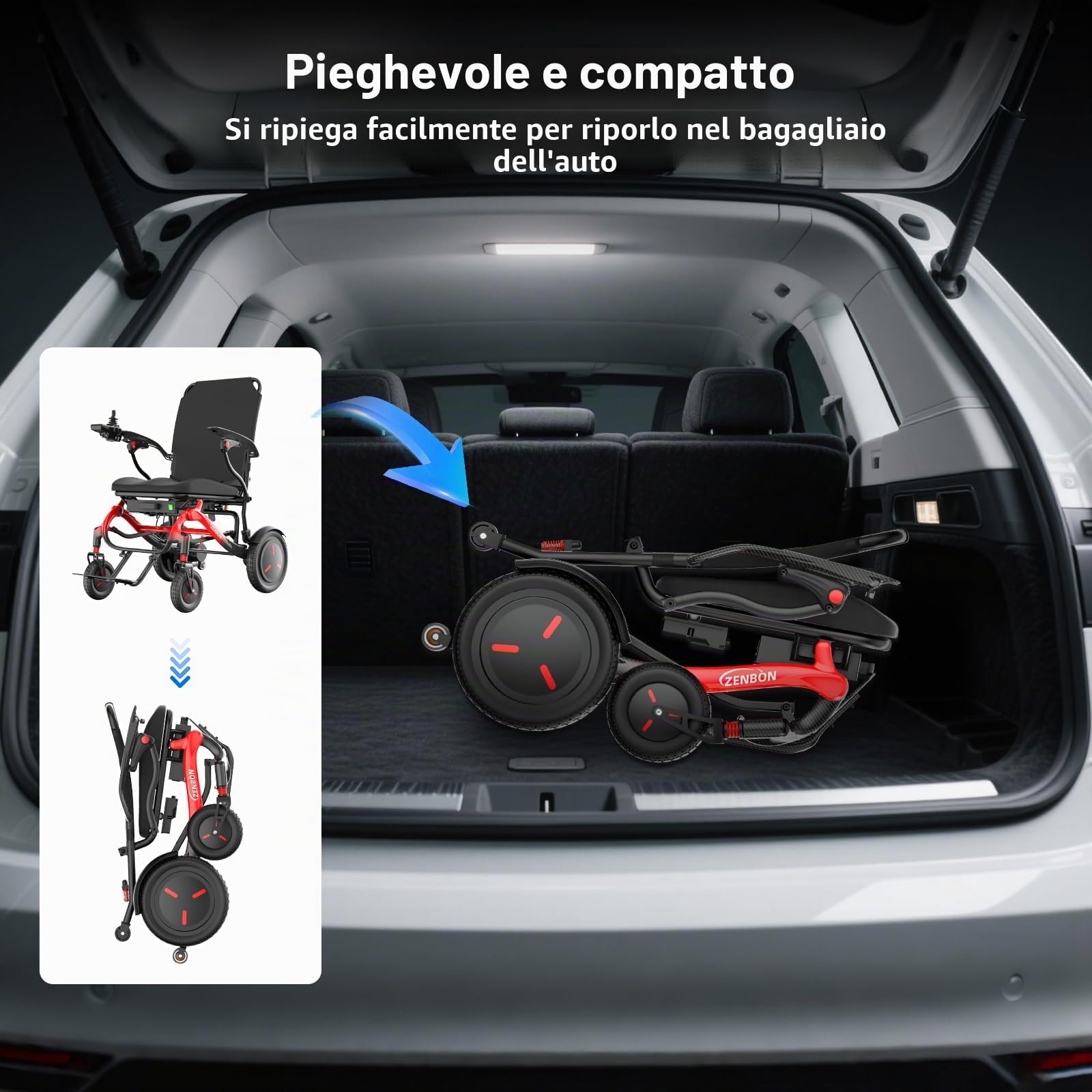 Sedia a rotelle elettrica pieghevole leggera Carbonio 16,7 kg - Sedia a rotelle elettrica pieghevole per tutti i terreni - Sedia a Rotelle Elettrica per anziani fino a 150 kg