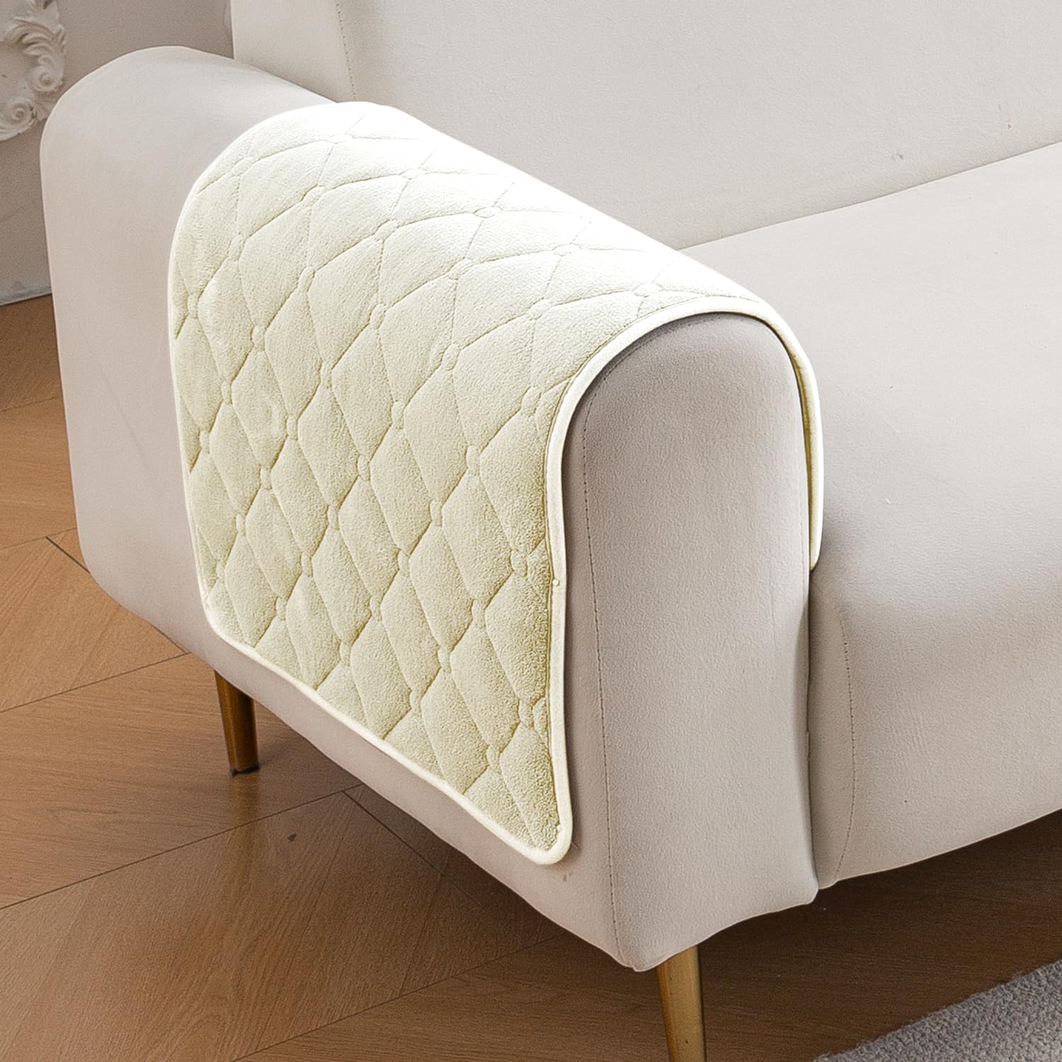 HOKIPO 'Diamond Tuft' Premium Sofa Armrest Covers with Anti-Slip Backing| 1 Pair - Ivory Cream (AR-6331-CRM*2)