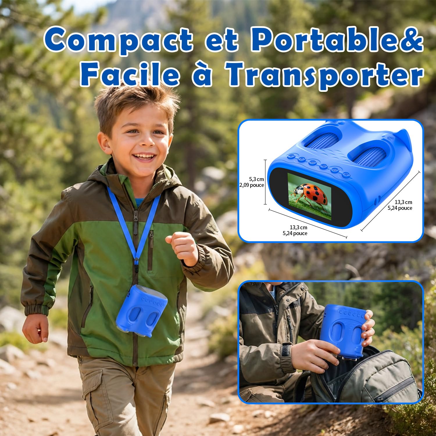 Microscope numérique 2 en 1 pour Enfants et Jumelles pour Enfants, Microscope de Poche IPS HD 2,0", télescope grossissant 10x avec 8 LED 1080P, Jouet d'extérieur Naturel pour Filles et garçons, Bleu