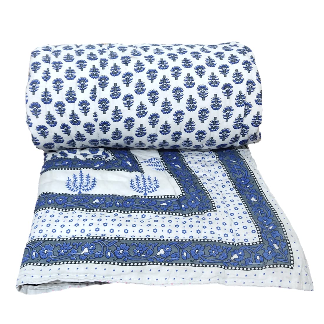 Gnudi Organic Pure Cotton Jaipuri Rajai/Rajasthani Traditional Cotton Quilt for Double Bed/Reversible Double Bed Quilt for Winters (90×100, Blue)