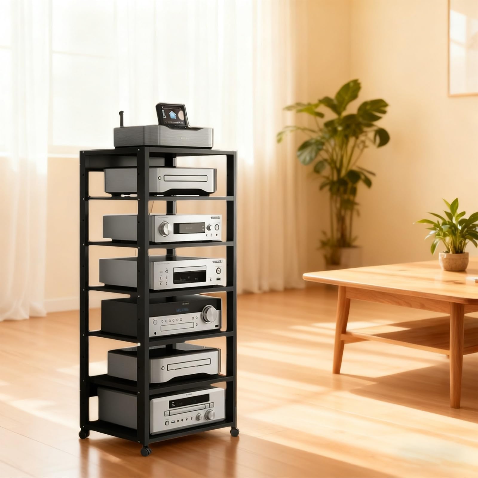 CWCQGH 7 Tier Rack with Wheels Media Stand & Record Player Shelf Adjustable Shelves Stylish Black Media Console Cabinet for Home Theater & Audio Equipment,Black