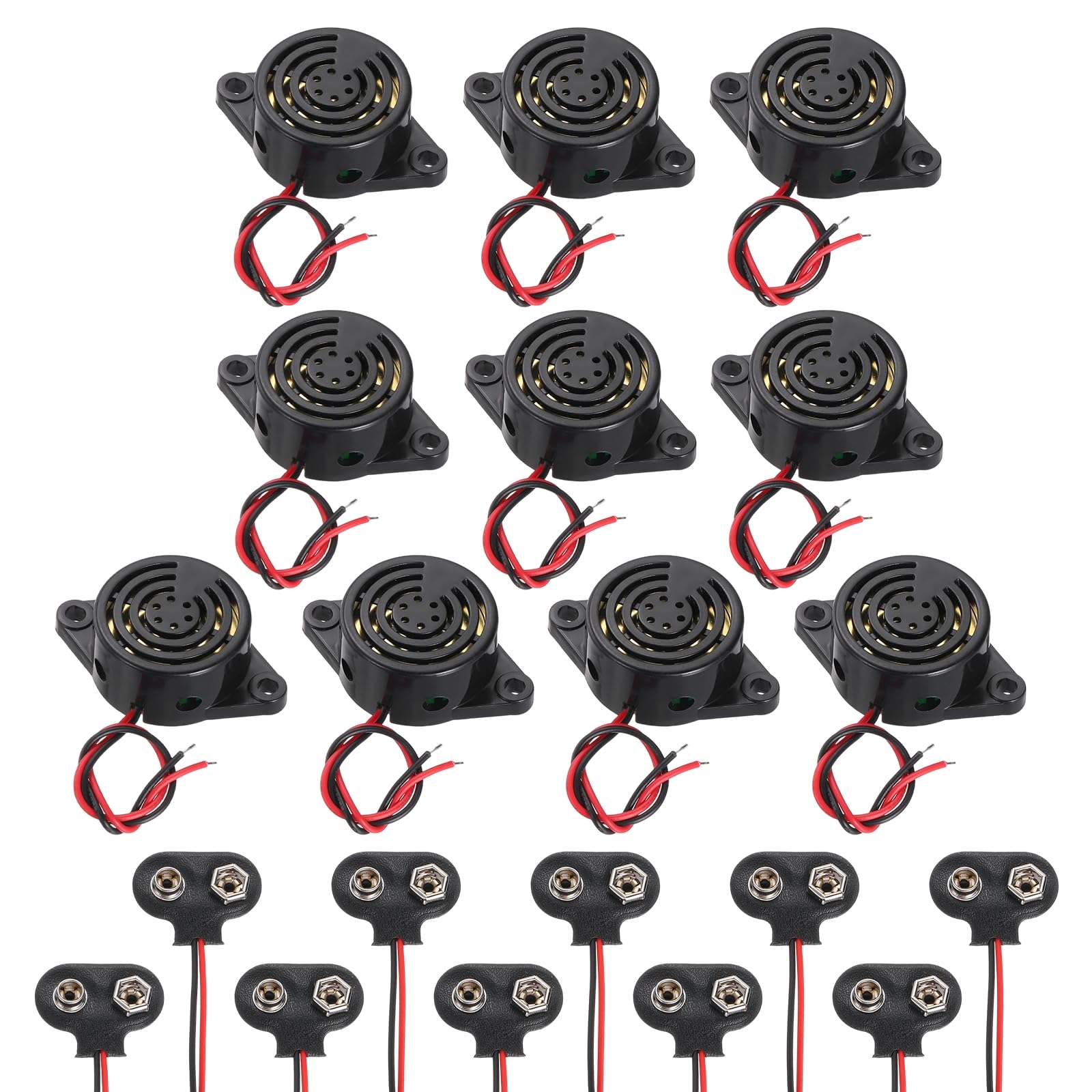 sourcing map 10Pcs DC3-24V 100dB 3100Hz Electronic Piezo Buzzer Alarm Sounder Active Continuous Beep Sound with 9V t Type Battery Connector for Motorcycle Golf Car t Vehicles Car Alarm, Black