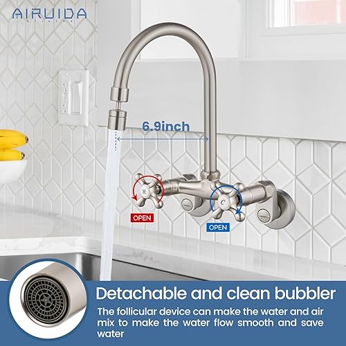 Miniatura 2 de Airuida Grifo de cocina de montaje en pared con rociador, grifo de fregadero de cocina montado en la pared, asas dobles cruzadas, boquilla giratoria