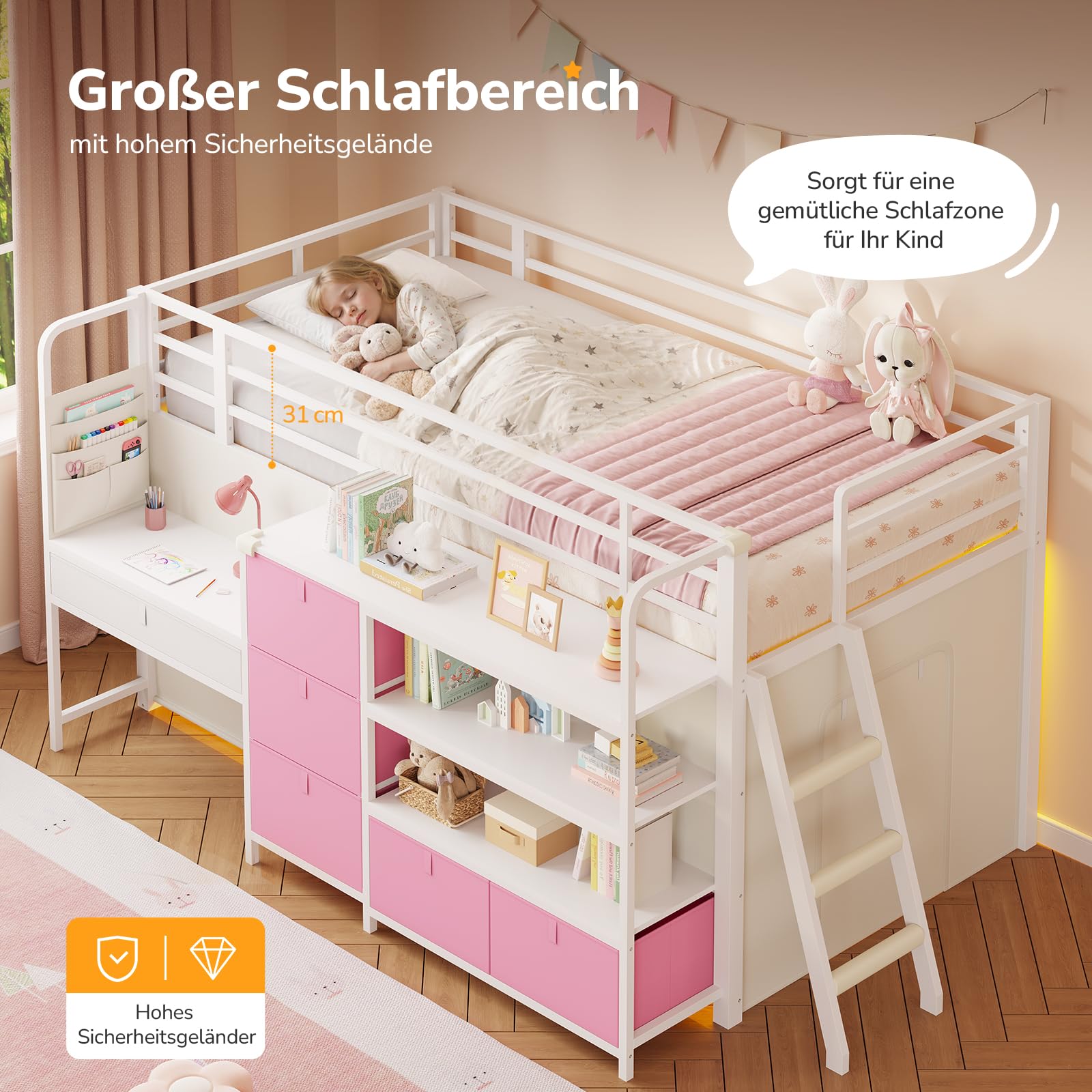 Letto a soppalco per bambini, 90 x 200 cm, bianco e rosa