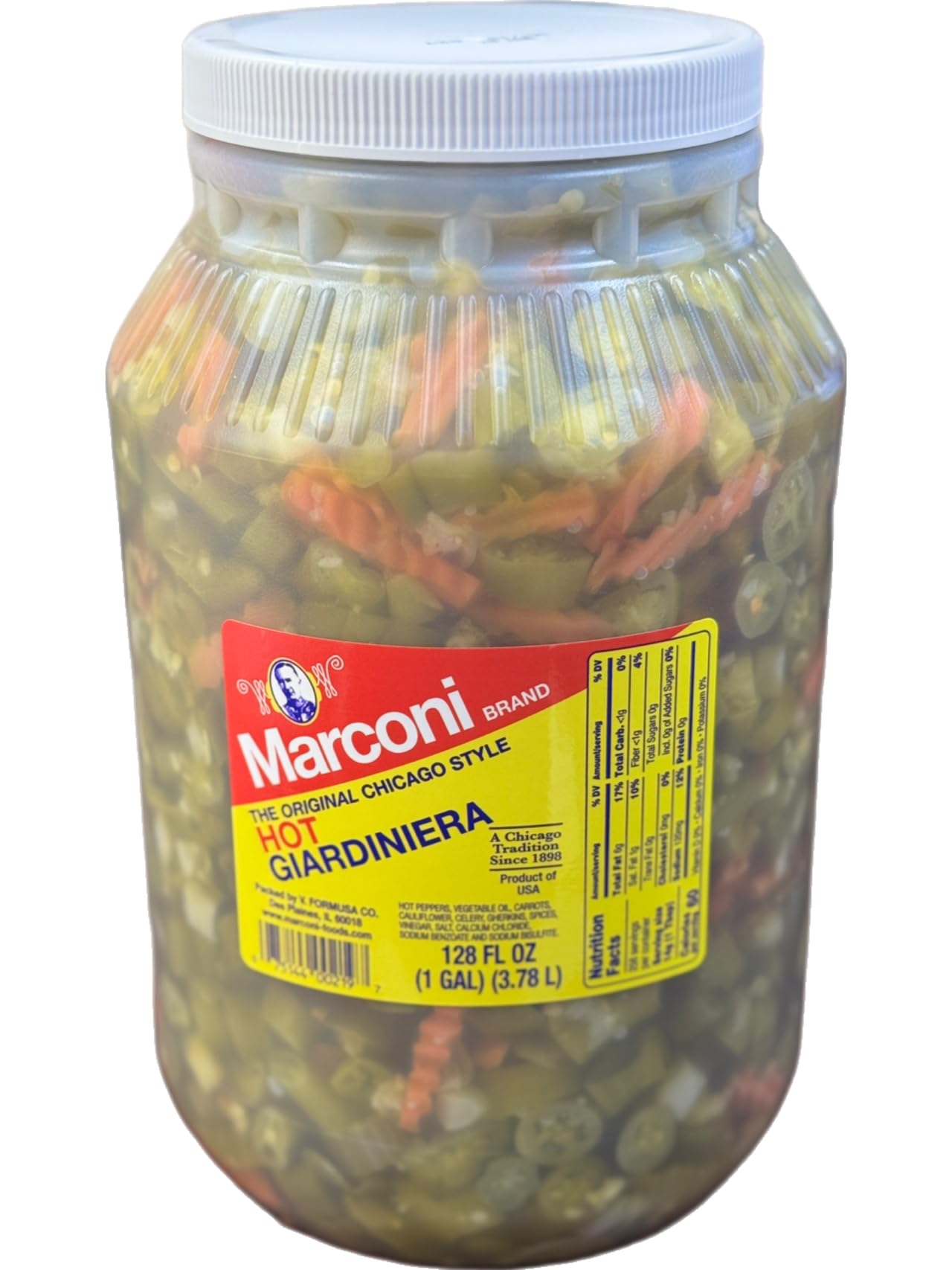 Marconi Hot Giardiniera, Chicago Style Vegetable Mix with Peppers, Carrots, Cauliflower, Celery Gherkins, Bulk Jar, 128 fl oz (1 Gallon)