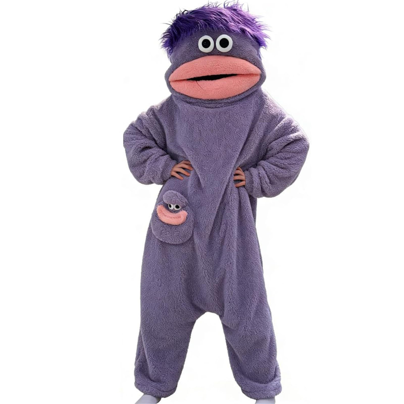 Funny Monster Onesie Silly Big Mouth Onesie Halloween Costumes Soft Cozy Fancy Dress Outfit Hooded One-Piece Pajamas Long Sleeves Loungewear for Adults (02-5-Purple, L)