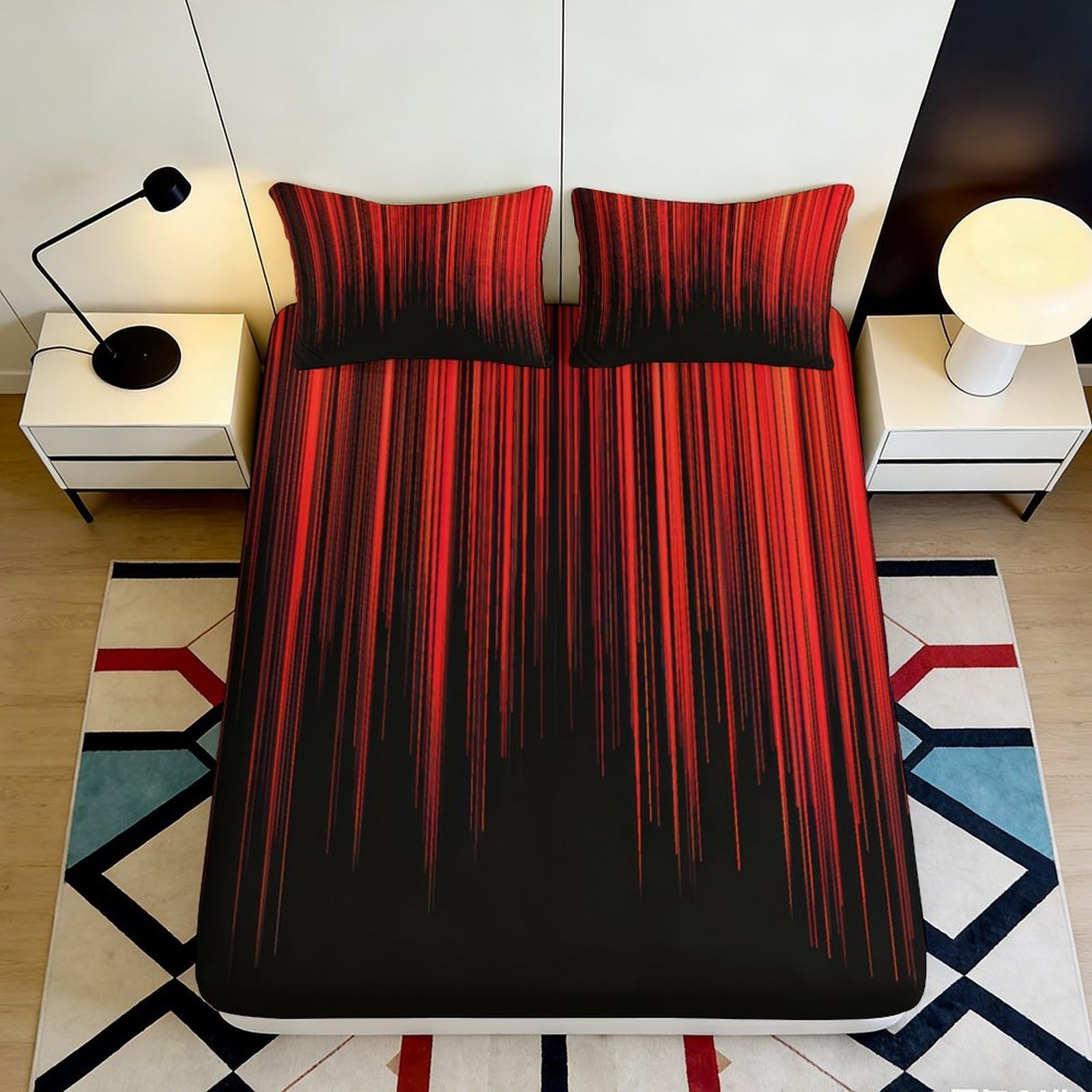 3D Printed Red Black Gradient Fitted Sheet Microfiber Soft Breathable Vertical Stripes Bed Cover for Bedroom Dormitory Guest Room Mattress Protection 120x200x25cm