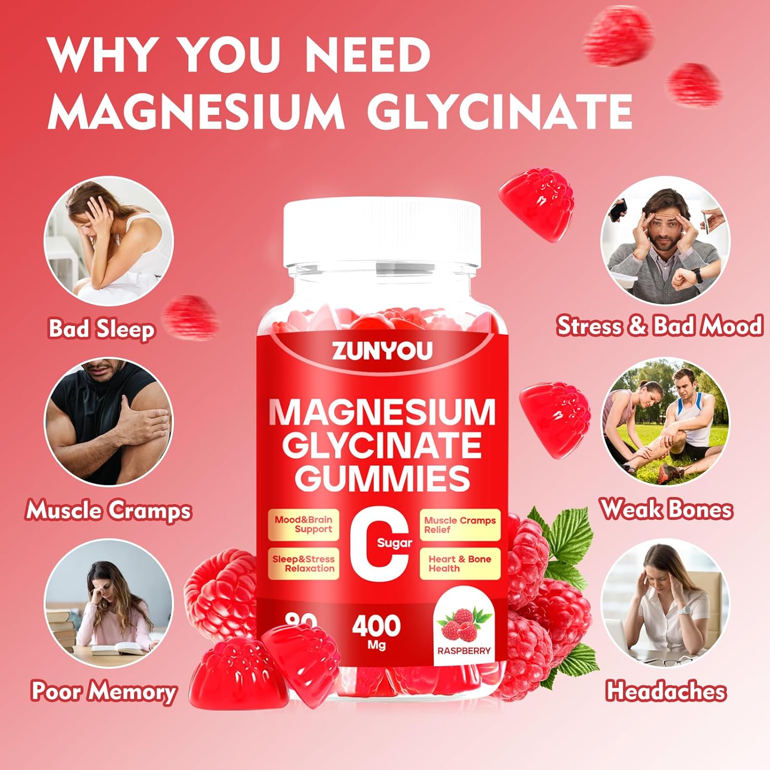 Magnesium Glycinate Gummies 400mg, Sugar Free Magnesium Gummies for Sleep, Muscle Support and Relaxation, Calm Magnesium Supplements for Women and Men, 90 Count - Image 2