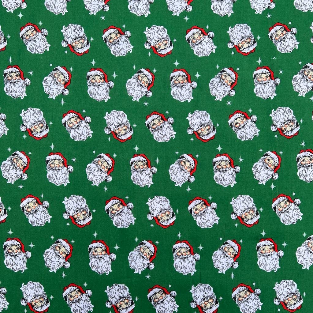 Printed Polycoton Poly Cotton Christmas Xmas Smiley Santa Design Novelty Children's Kids Dress Craft Bunting Fancy Dress Sewing Fabric Material | 45" - 112 cm Wide (per Metre, Green)
