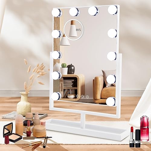 Espejo de tocador con luces, 12 bombillas LED regulables, espejo Hollywood desmontable, 10 aumentos, control táctil, espejo de maquillaje recargable