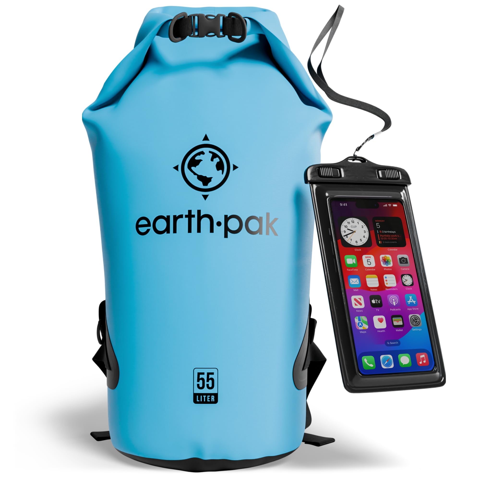 Earth Pak – Wasserdichter Packsack mit Schultergurt und wasserfester Handyhülle – Ideale Rolltop Tasche beim Kajak Fahren, Wandern, Camping, Angeln, Bootfahren und Rafting
