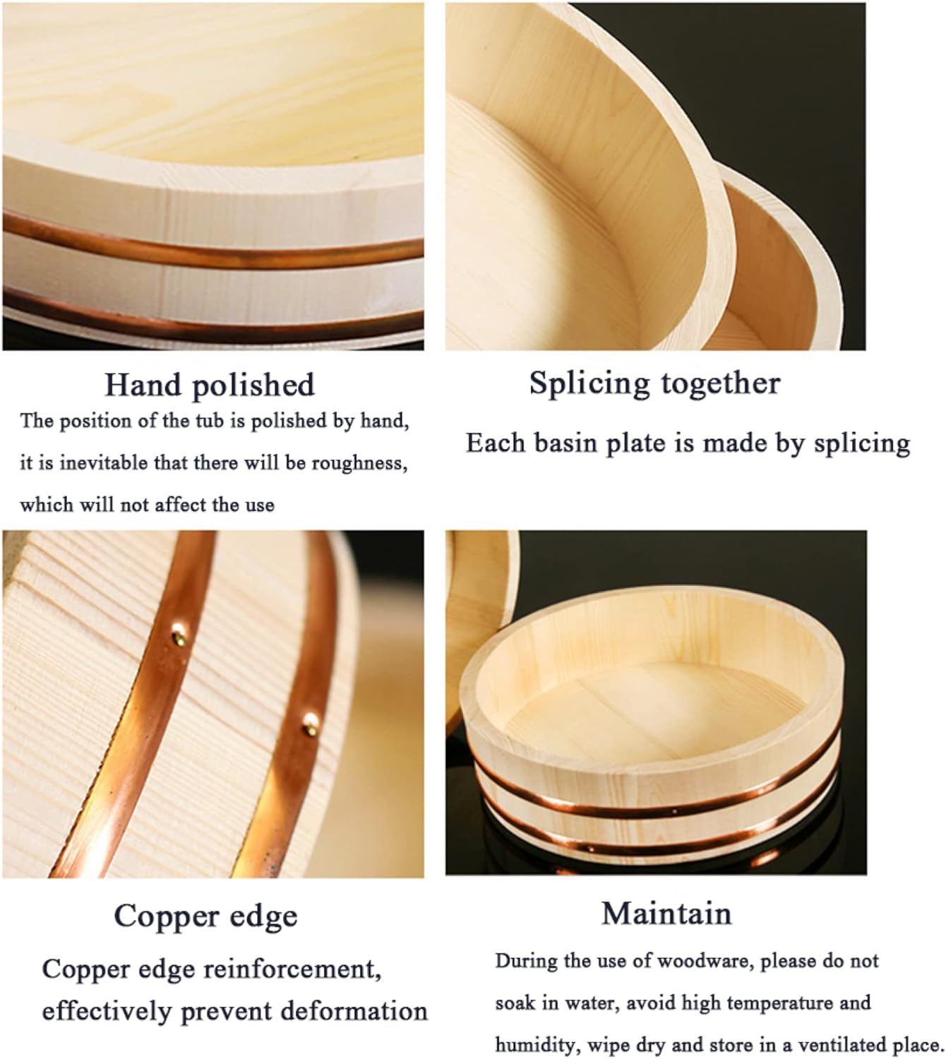 Wooden Hangiri Sushi Rice Mixing Tub Sushi Oke Cooling Bowl for Sushi Restaurant Kitchen - 2 Piece/Wood / 28.3x6.3inch