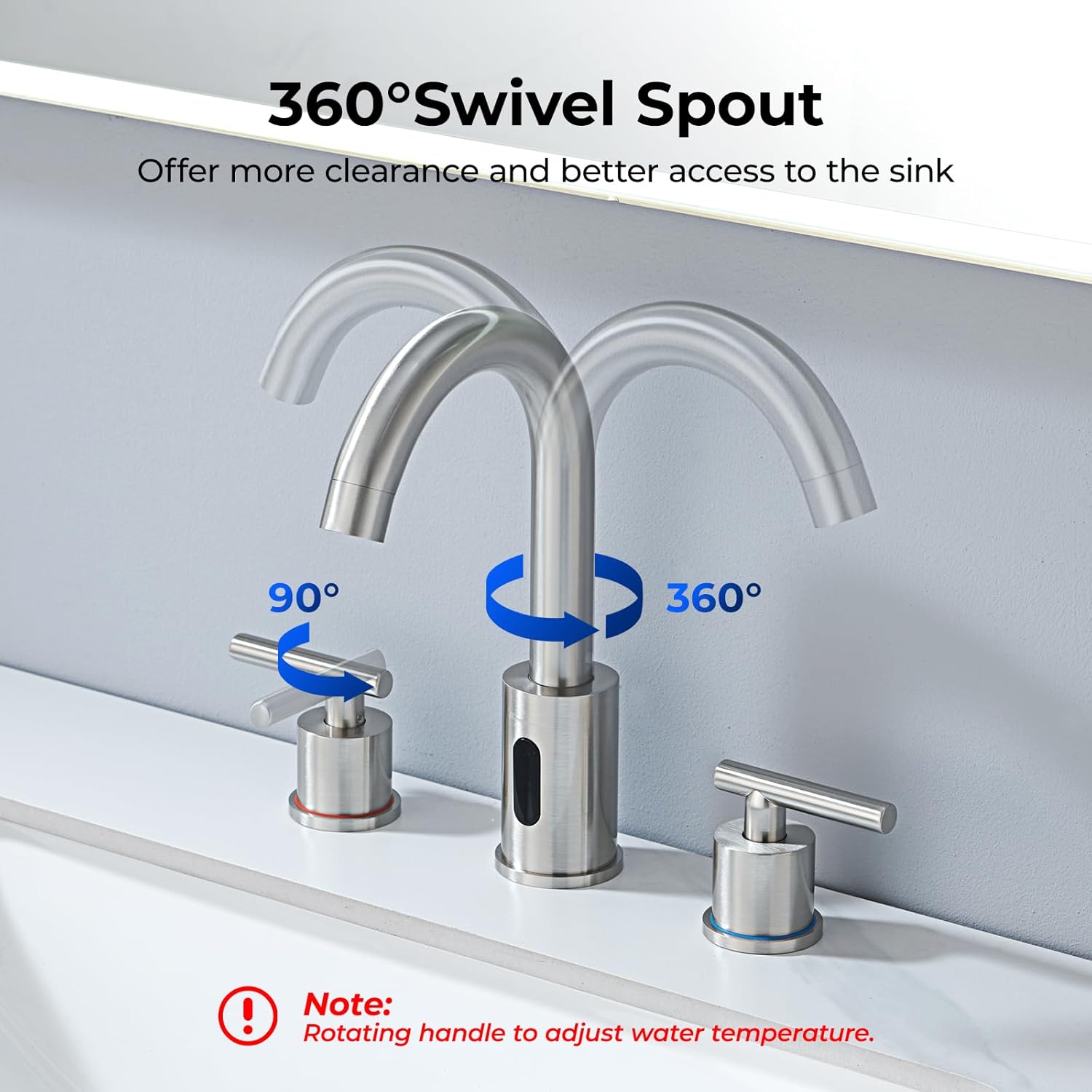 Charmingwater Touchless Bathroom Faucet for 3 Hole, 8 Inch Widespread Hands Free Bathroom Faucet with Automatic Sensor, 2-Handle Basin Mixer Vanity Taps with 360° Swivel Spout, Brushed Nickel