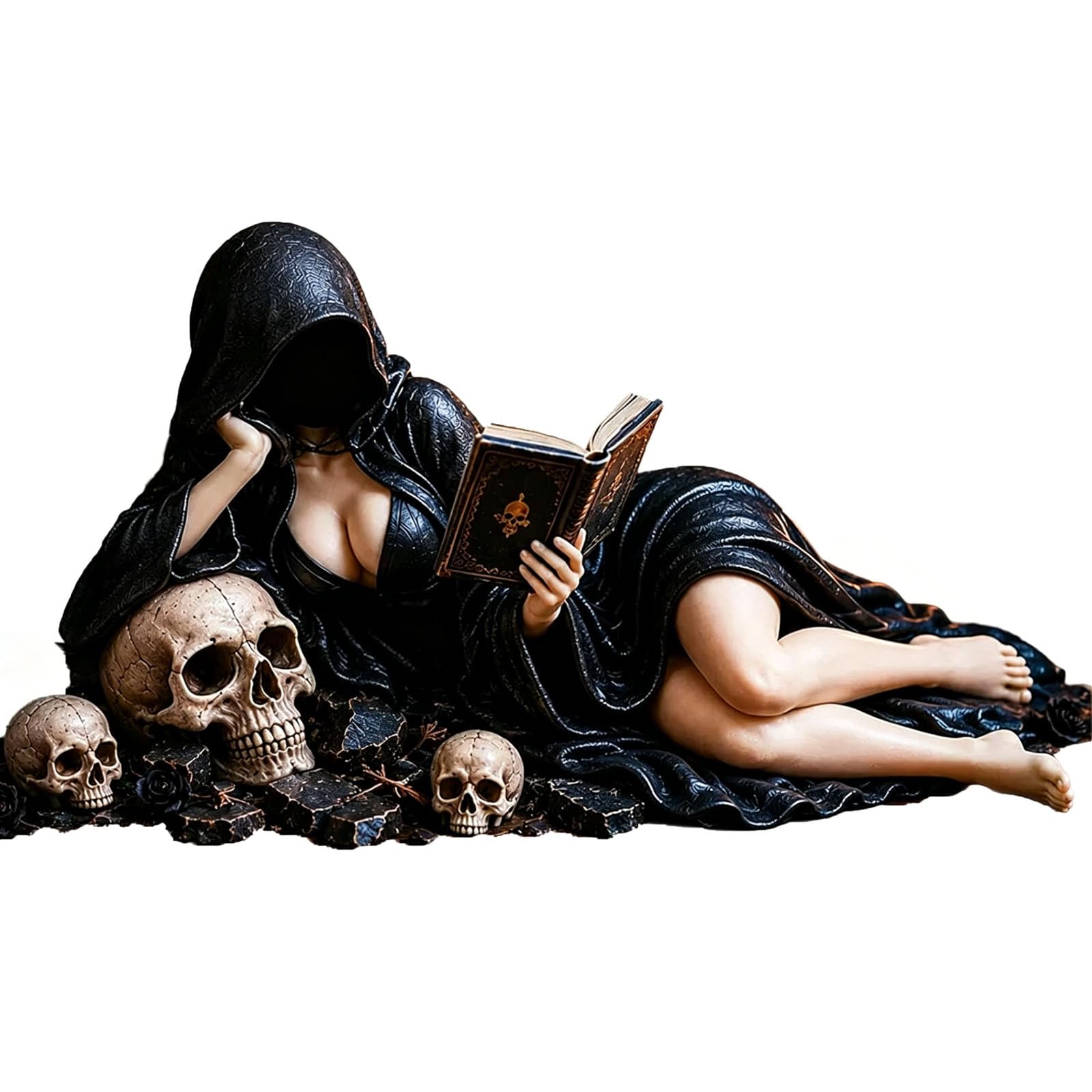 HYPYXUS Gothic Hooded Reader Figurine, Dark Academia Reading Statue with Skull Base, Faceless Mysterious Resin Bookshelf Decor Sculpture for Library, Desk, Home, for Book Lovers (B#)