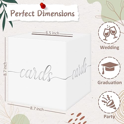 Miniatura 4 de QIKSION Caja de tarjeta de regalo blanca con diseño de lámina plateada, caja de recepción de tarjetas para fiestas de cumpleaños, recepciones de