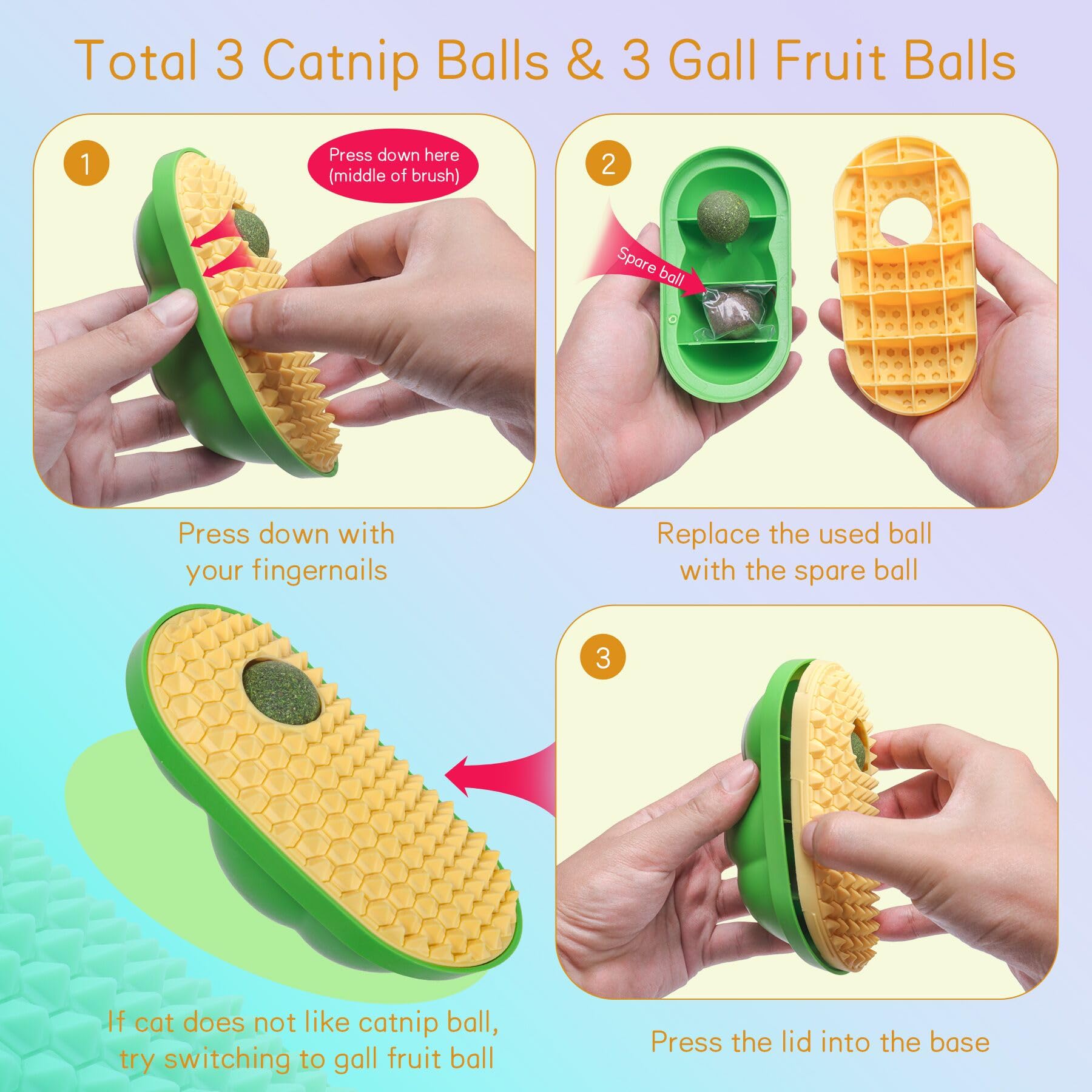 SEVENKA 2 Cat Toys Self-Grooming Cat Brush with 3 Catnip Balls & 3 Gall Fruit, Kitty Kitten Scratcher Self Groomer Catnip Toys for Indoor Cats, Chew Toys Wall Corner Brushes Edible Wall Treats, Yellow - image 2
