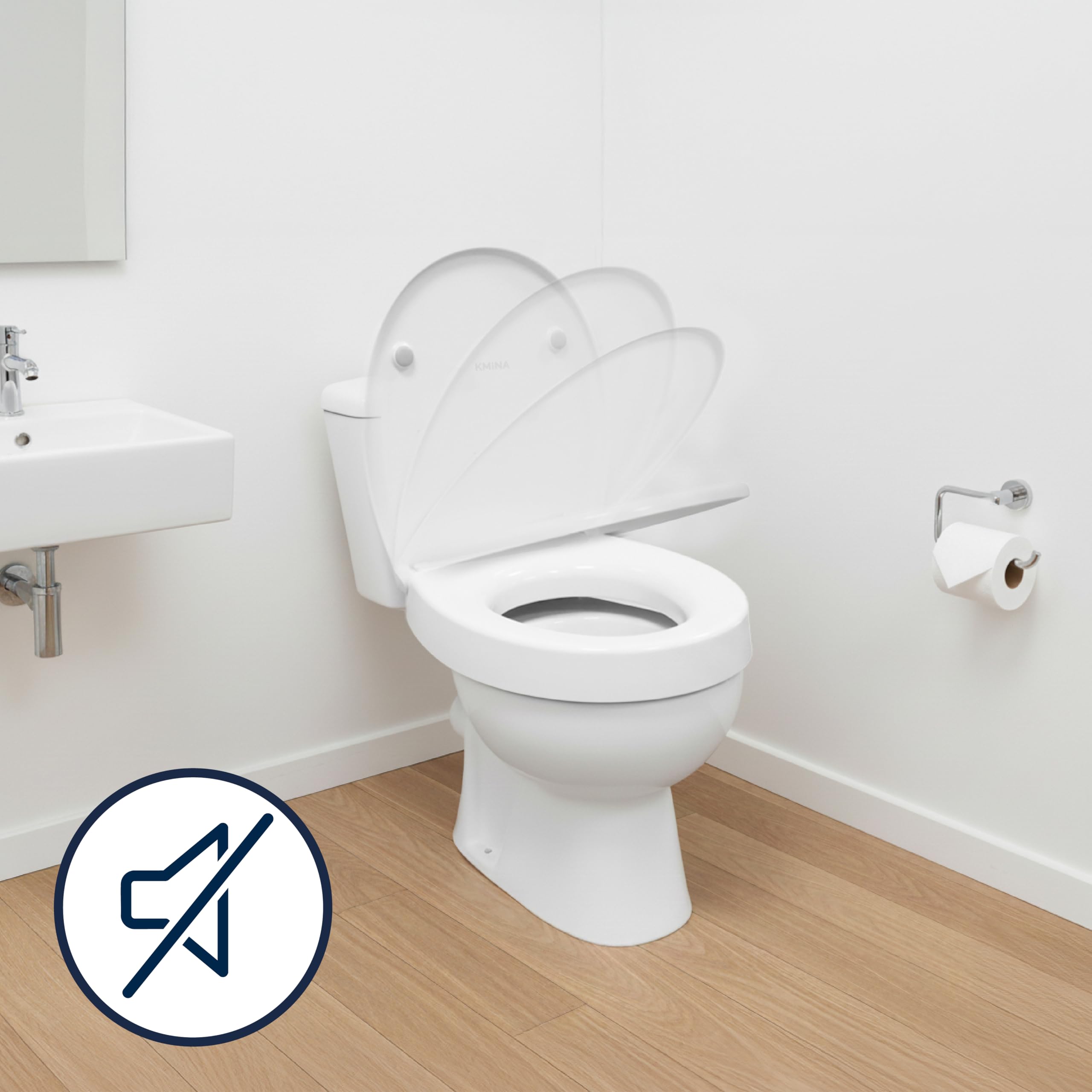 KMINA Rialzo WC per Anziani (Altezza 7,5 cm) con Copriwater a Chiusura Ammortizzata, Compatibile con WC Ovali Standard, Materiale Duroplast, Fissaggio Posteriore, Bianco