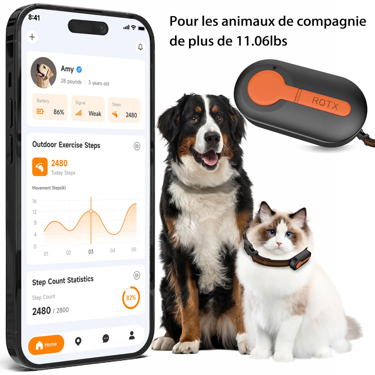 ROTX Rastreador GPS para perros, alerta en tiempo real, ubicación de valla virtual para mascotas de más de 11 libras, collar de perro y gato, accesorio de suscripción de color aleatorio, resistente al