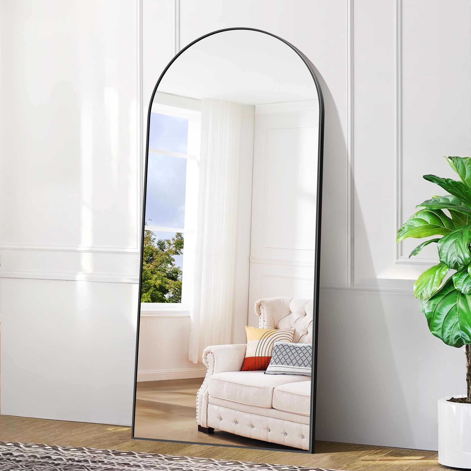 BONEWEI Ganzkörperspiegel 179x65cm, Bogen Standspiegel Ganzkörperspiegel mit Schwarzer Aluminiumrahmen, Groß Gewölbter Wandspiegel zum Stehen, Anlehnen oder Hängen für Wohnzimmer Schlafzimmer Flur