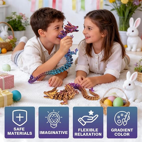 3D Printed Dragon Toys with Eyes - 24 inches Dazzling Gradient Crystal Wyrm, Bendable and Flexible Big Fidget, Articulated Gem Serpent Figure for Home Office Decor, Easter Gifts for Kids