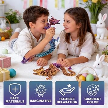 3D Printed Dragon Toys with Eyes - 24 inches Dazzling Gradient Crystal Wyrm, Bendable and Flexible Big Fidget, Articulated Gem Serpent Figure for Home Office Decor, Easter Gifts for Kids