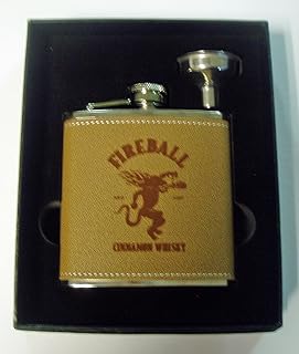 Fireball Whiskey engraved leather covered stainless steel flask with a f...