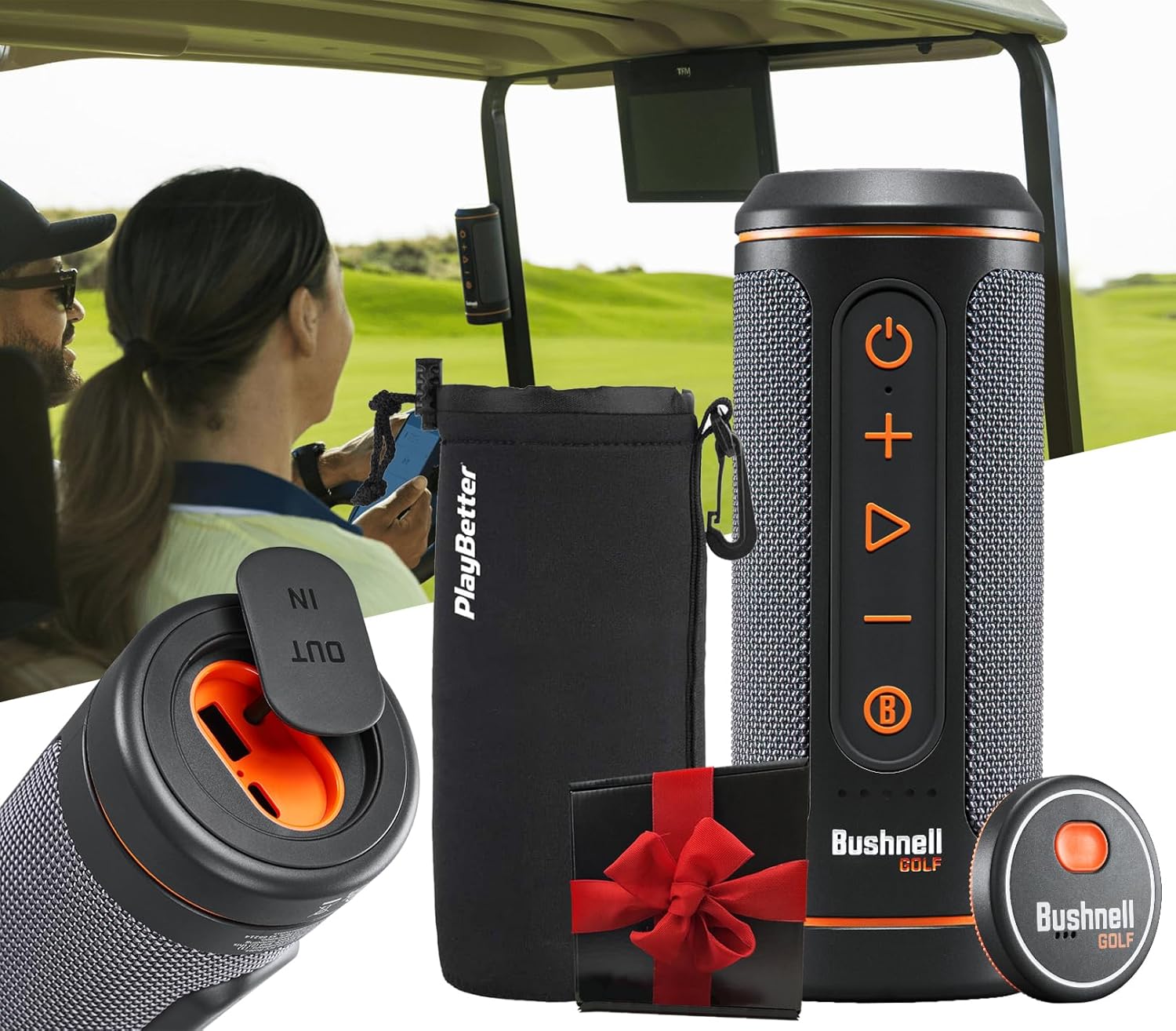 Bushnell Wingman 2 Golf GPS Speaker - Bluetooth Speaker with Integrated BITE Magnetic Mount & Battery Indicator - Perfect Golf Gift - Includes Protective Pouch, Red Bow