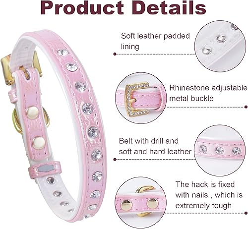 Miniatura 2 de LOVPE Collar para perro de cuero brillante con diamantes de imitación tachonados, accesorio glamoroso de hebilla dorada para perros pequeños a