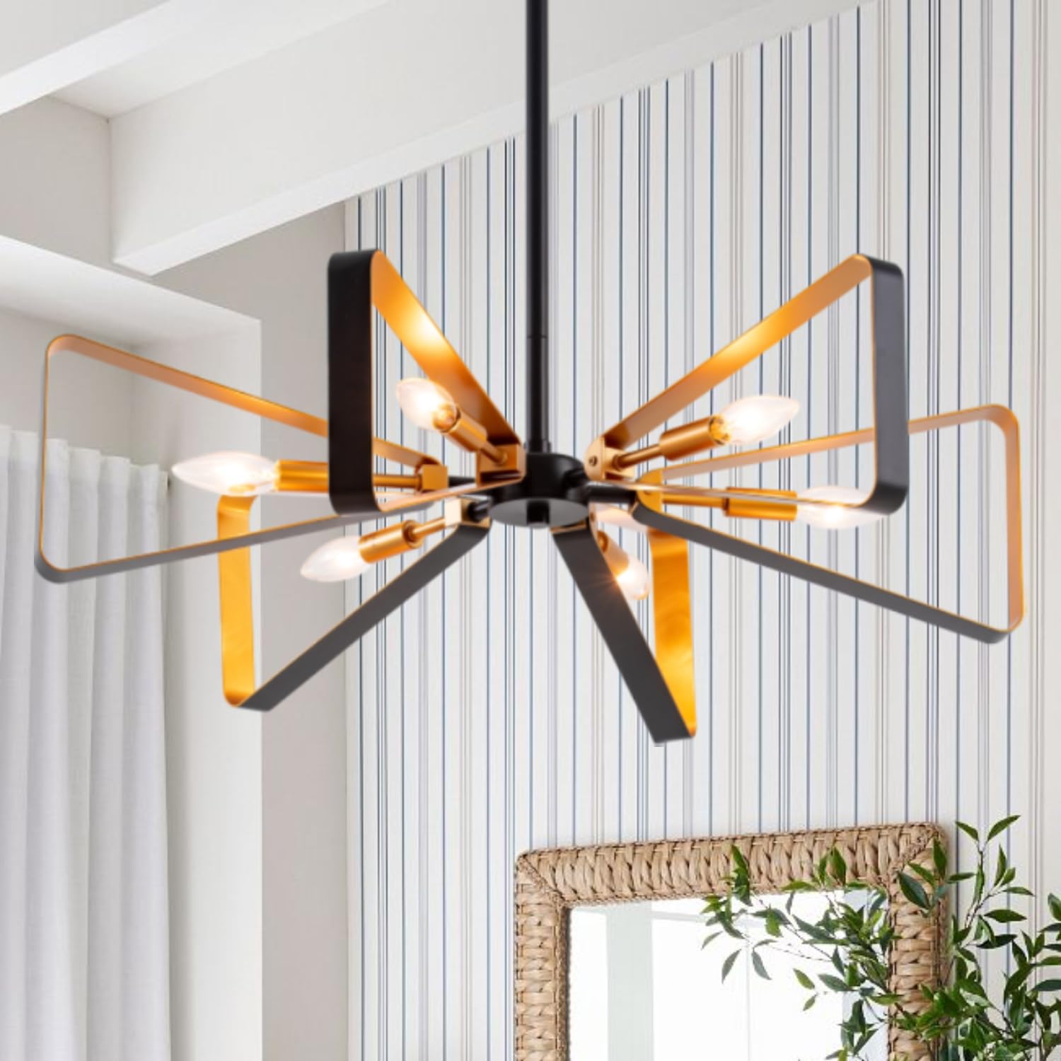 VILUXY 6-Light Sputnik Chandelier – Black And Gold Mid-Century Modern Pendant Light With Adjustable Frame For Dining Room, Living Room, Or Entryway