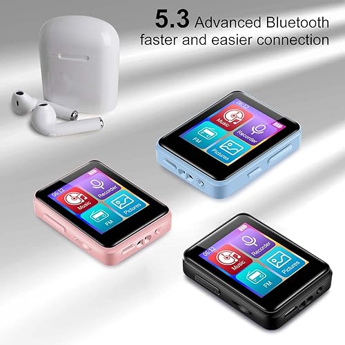 Vista 6 de Reproductor de MP3 con Bluetooth, pantalla de 1.8 pulgadas, reproductor de música portátil con altavoz, radio FM, grabadora, expansión a 512 GB, Rosa