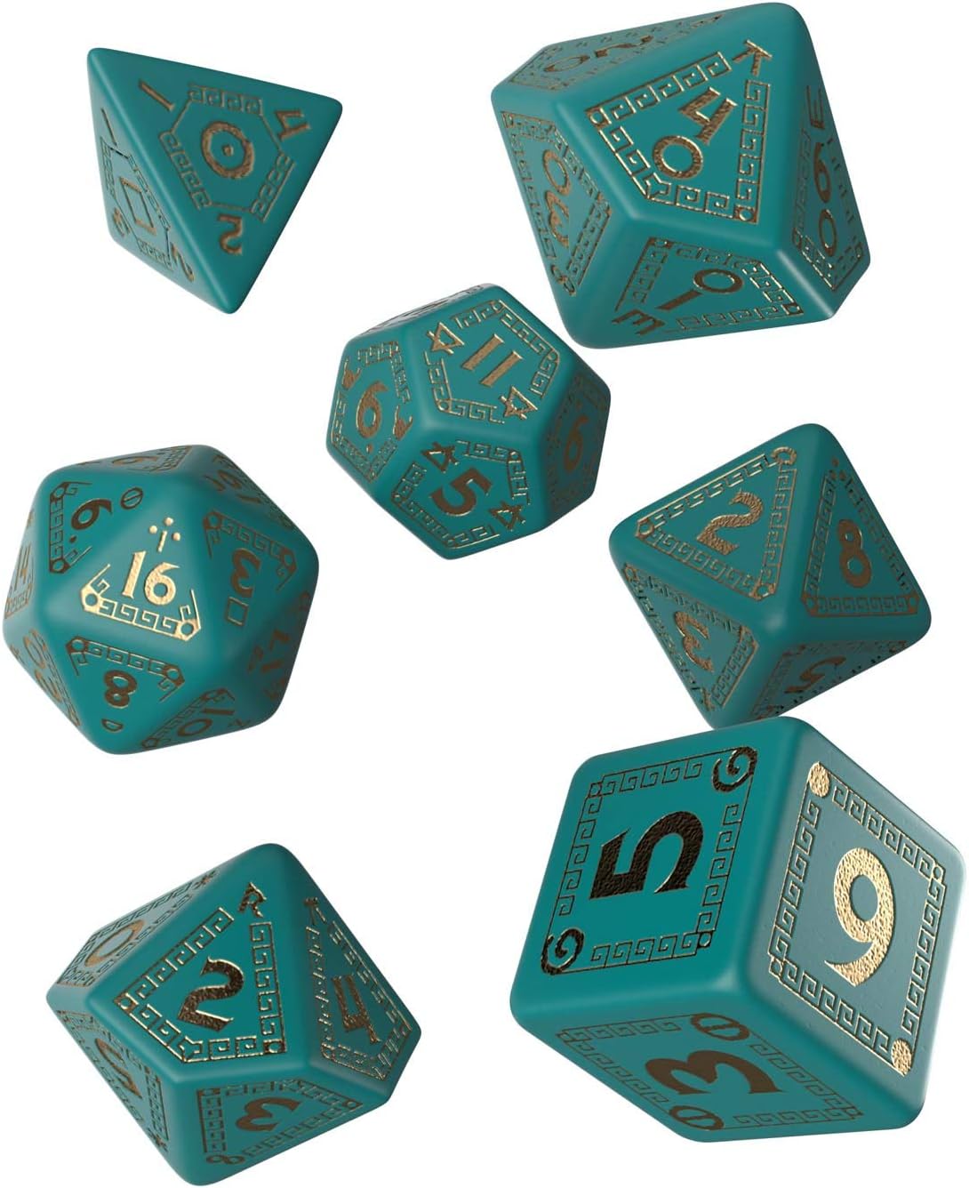 Q WORKSHOP RuneQuest RPG Dice Set 7 Polyhedral Pieces (Turquoise & Gold)