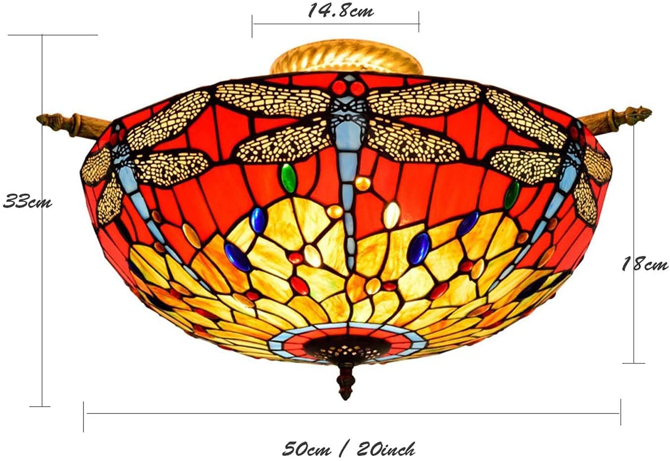 Lampa sufitowa Tiffany, lampa wisząca półpłaska, żyrandol z witrażowym kloszem w kształcie ważki do salonu, sypialni i kuchni, H Comfor (JA)
