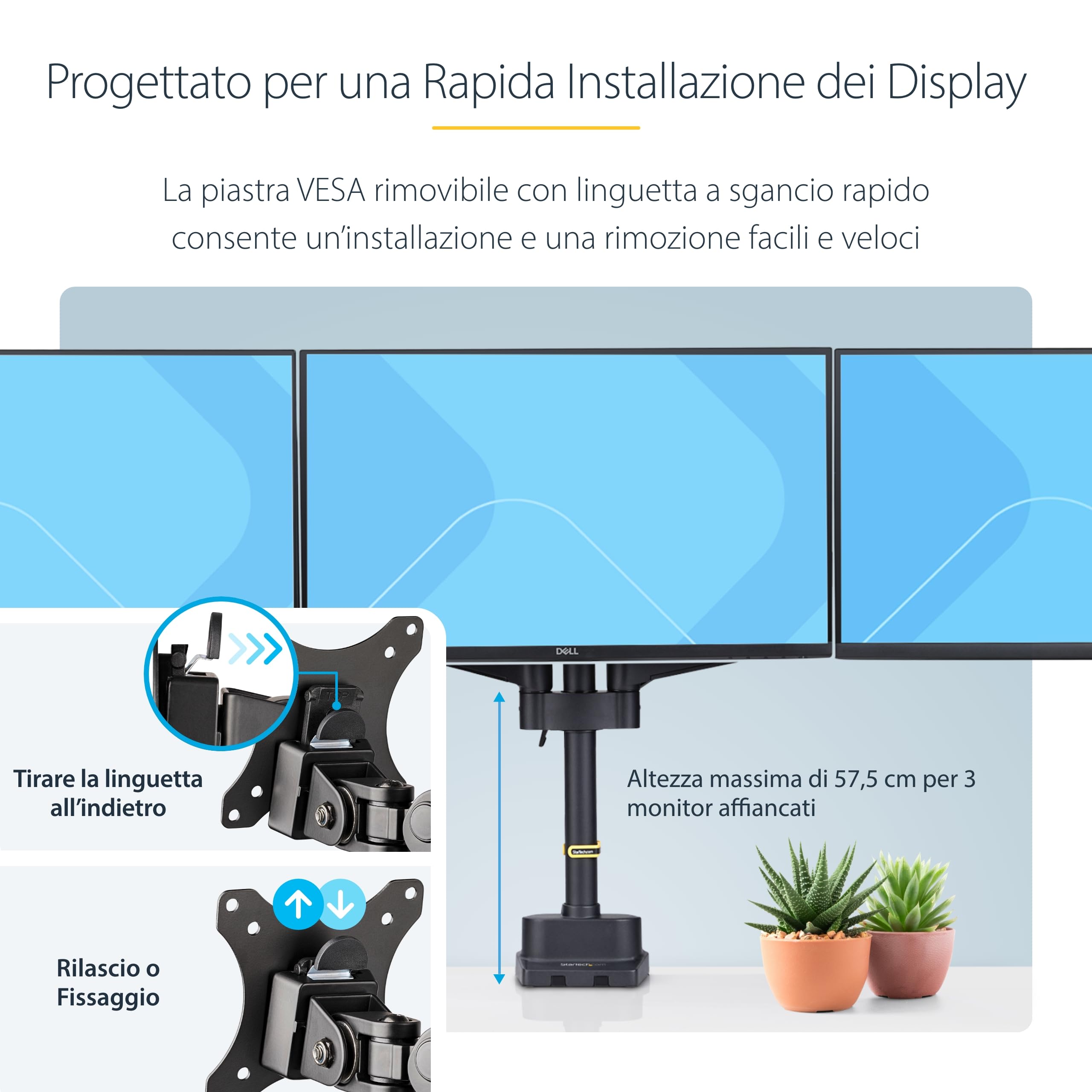 StarTech Braccio 3 Monitor da Scrivania 27" VESA (3MP2AG-MONITOR-ARM) | VESA 75x75/100x100, Regolazioni Senza Attrezzi