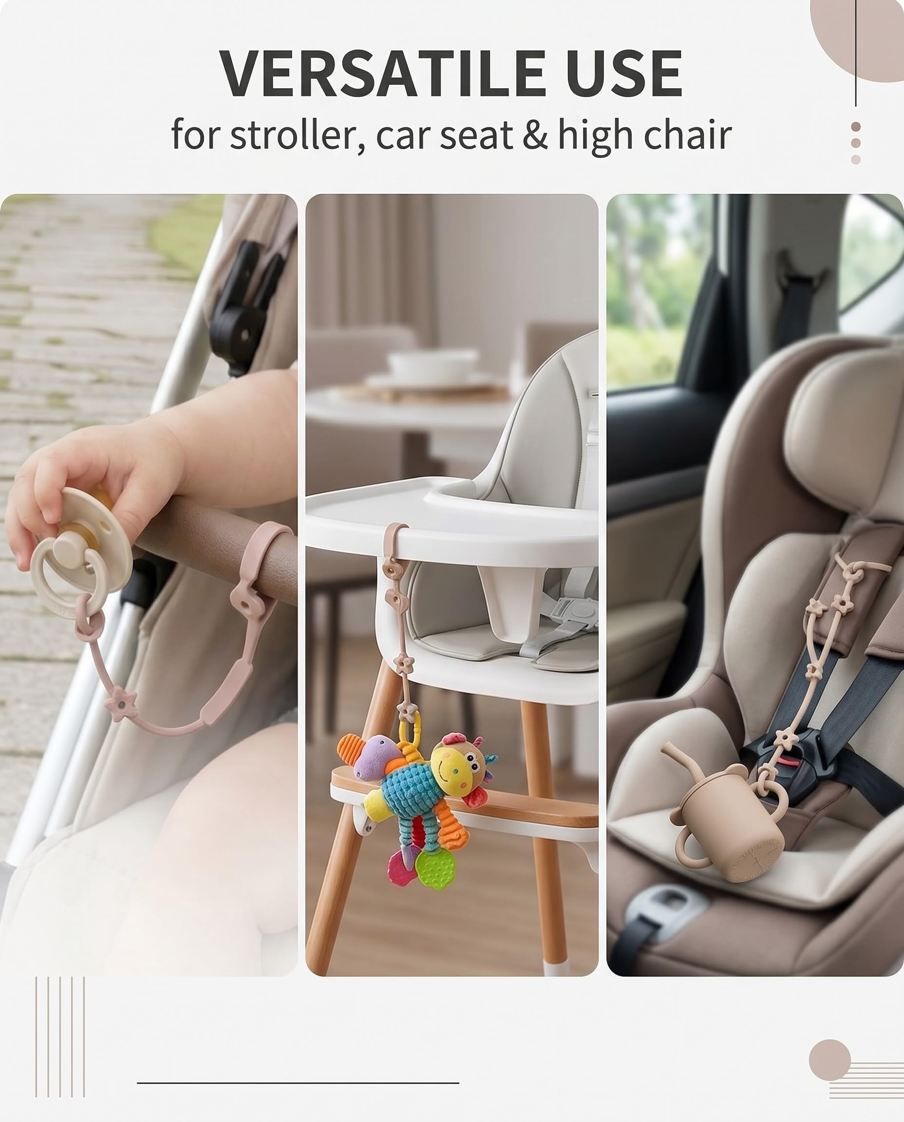 Cinghie Anti-Caduta Giocattoli e Ciucci, Confezione da 2 in Silicone Alimentare Per Passeggino, Seggiolone, Auto: mantiene tutto pulito e sicuro.