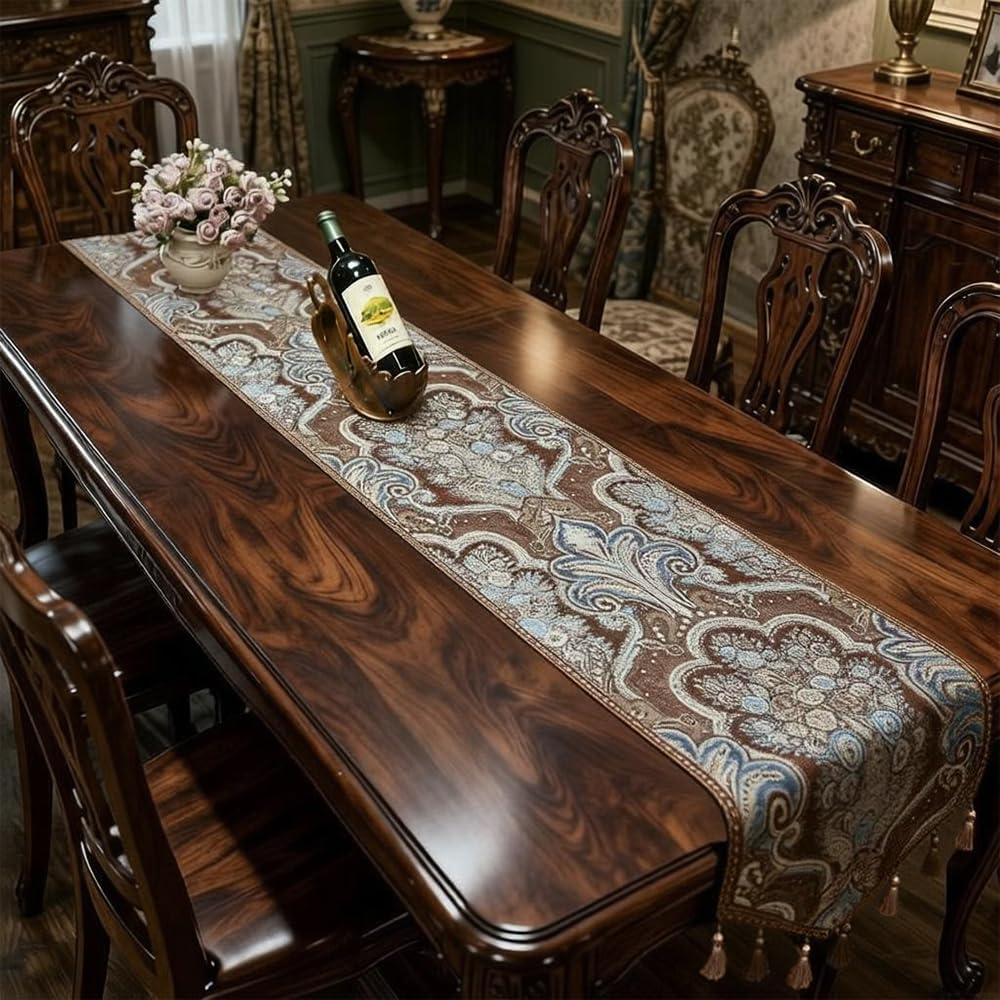 Elaborate Embroidery Table Runner with Silver Threads, Spring Easter Decor Oilproof Luxurious Jacquard Floral Table Runners Waterproof for Sideboard Rustic Dining Tables Kitchen Banquet 71"