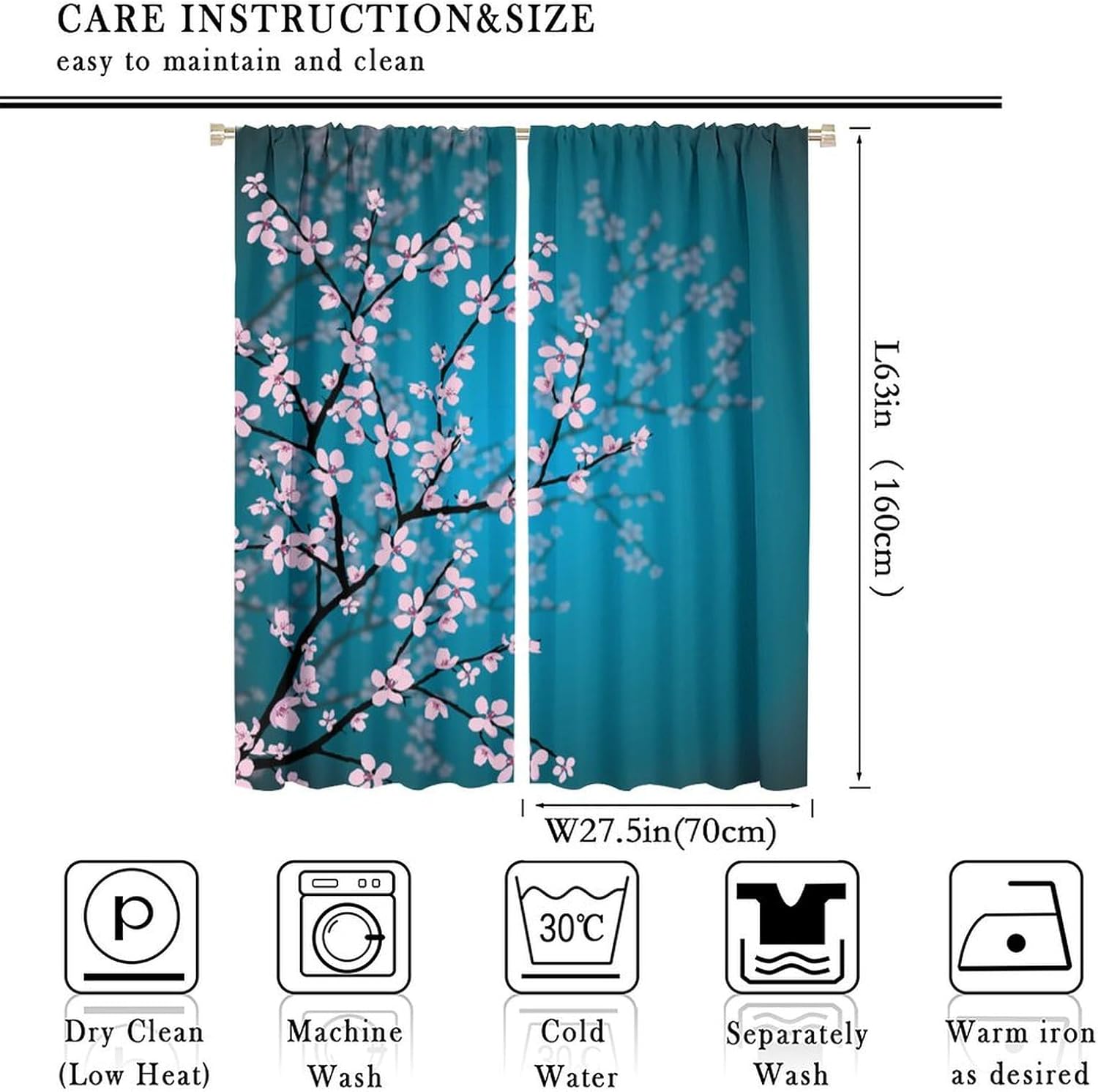 Cherry Blossom Curtains Japanese Floral Plum Blossom Flower Teal Blue and Pink Curtain with Rod Pocket for Bedroom Living Room Decor Drapes Window Treatments 2 Panels Set 55x63in
