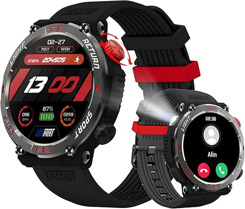 LOKMAT Reloj inteligente para hombre (llamadarespuesta de llamada) Reloj inteligente táctico militar resistente con linterna LED, monitor de sueño