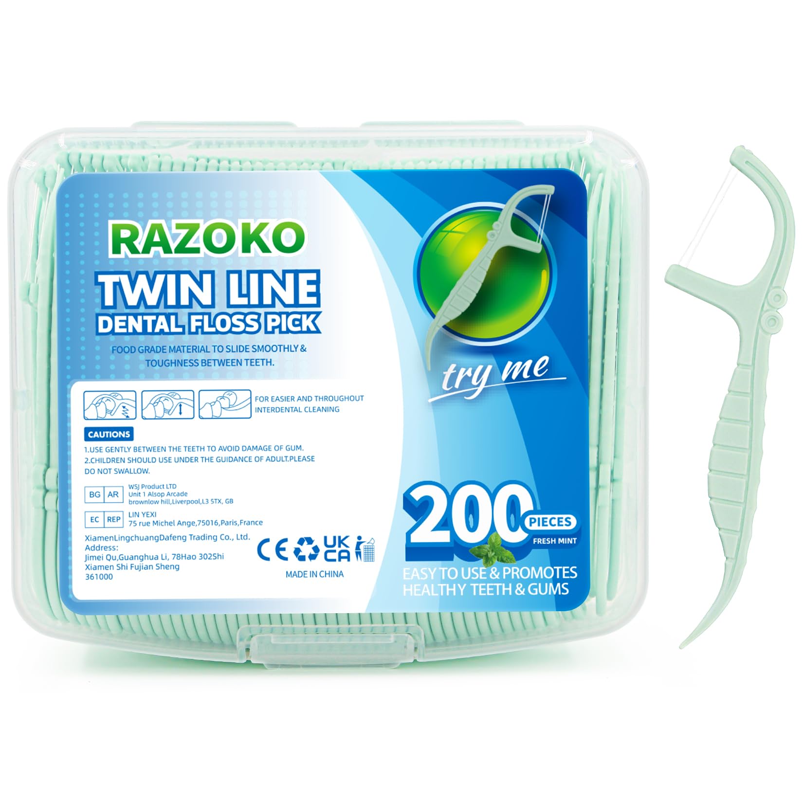 RAZOKOTwin-Line Dental Floss Picks,Extra Strong Flosser Pick Toothpicks,Double Cleaning Teeth Tooth,Fresh Mint Flavor,200 Count