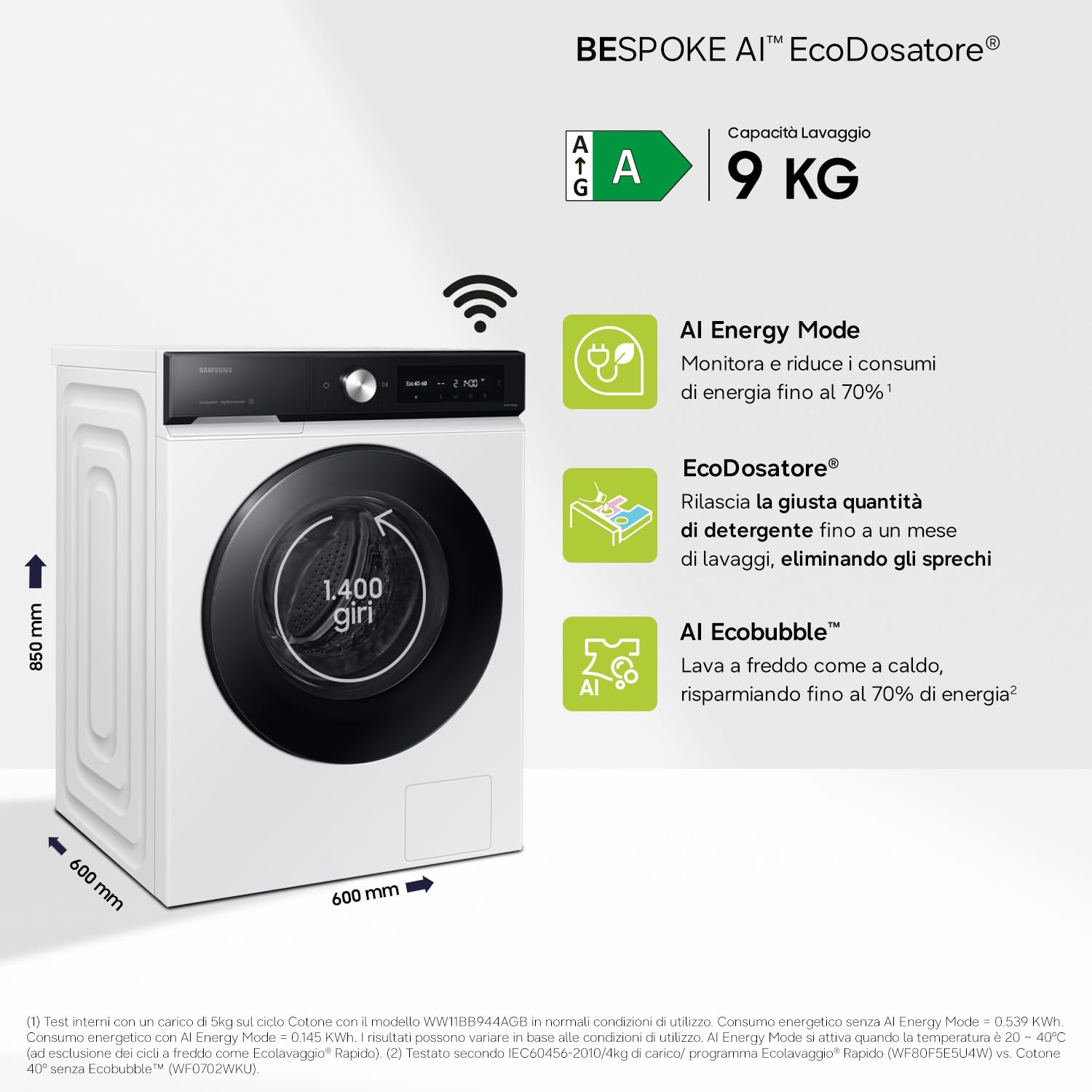 Samsung Lavatrice BESPOKE AI WW90DB7U94GE/U3 Libera installazione, 9 Kg, Wifi, Ecodosatore, Super Speed, AI Wash, Corpo: Bianco, Oblò: Nero, 60l x 85h x 60p cm