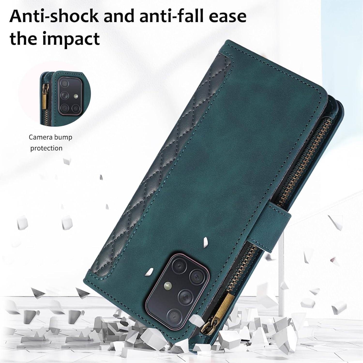 Asuwish Phone Case for Samsung Galaxy A51 5G/A 51 5G UW Verizon Wallet Cover With Tempered Glass Screen Protector and Wrist Strap Flip Zipper Credit Card Holder Stand Cell 51A G5 S51 Women Girls Green