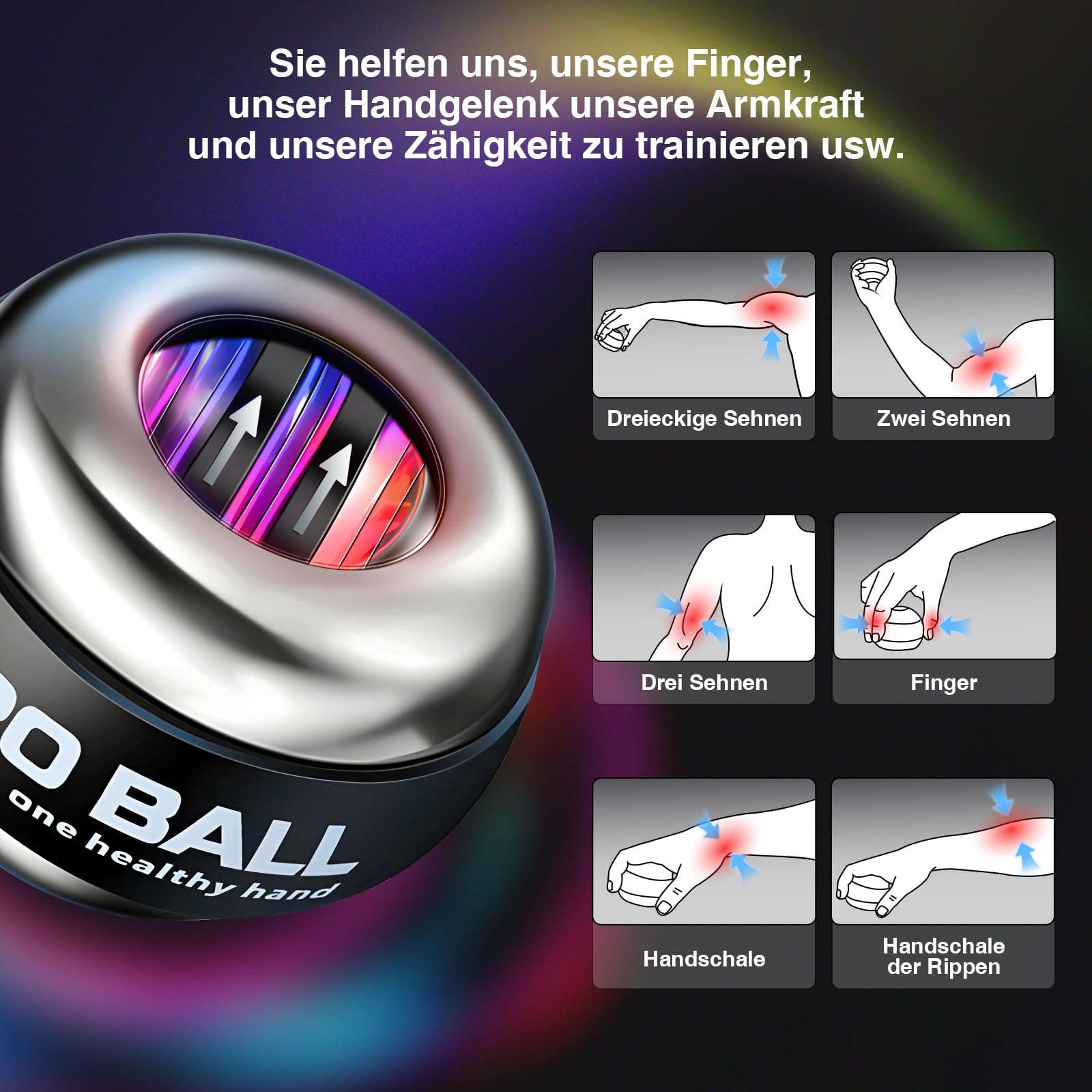 Gyroball,Handgelenktrainer-Ball,Handgelenkstärker,5-stufiger Widerstands/Lichtsteuerung,Gyroskopischer Unterarm-Trainer,Gyro-Ball zur Stärkung von Armen, Fingern,Handgelenkknochen und M