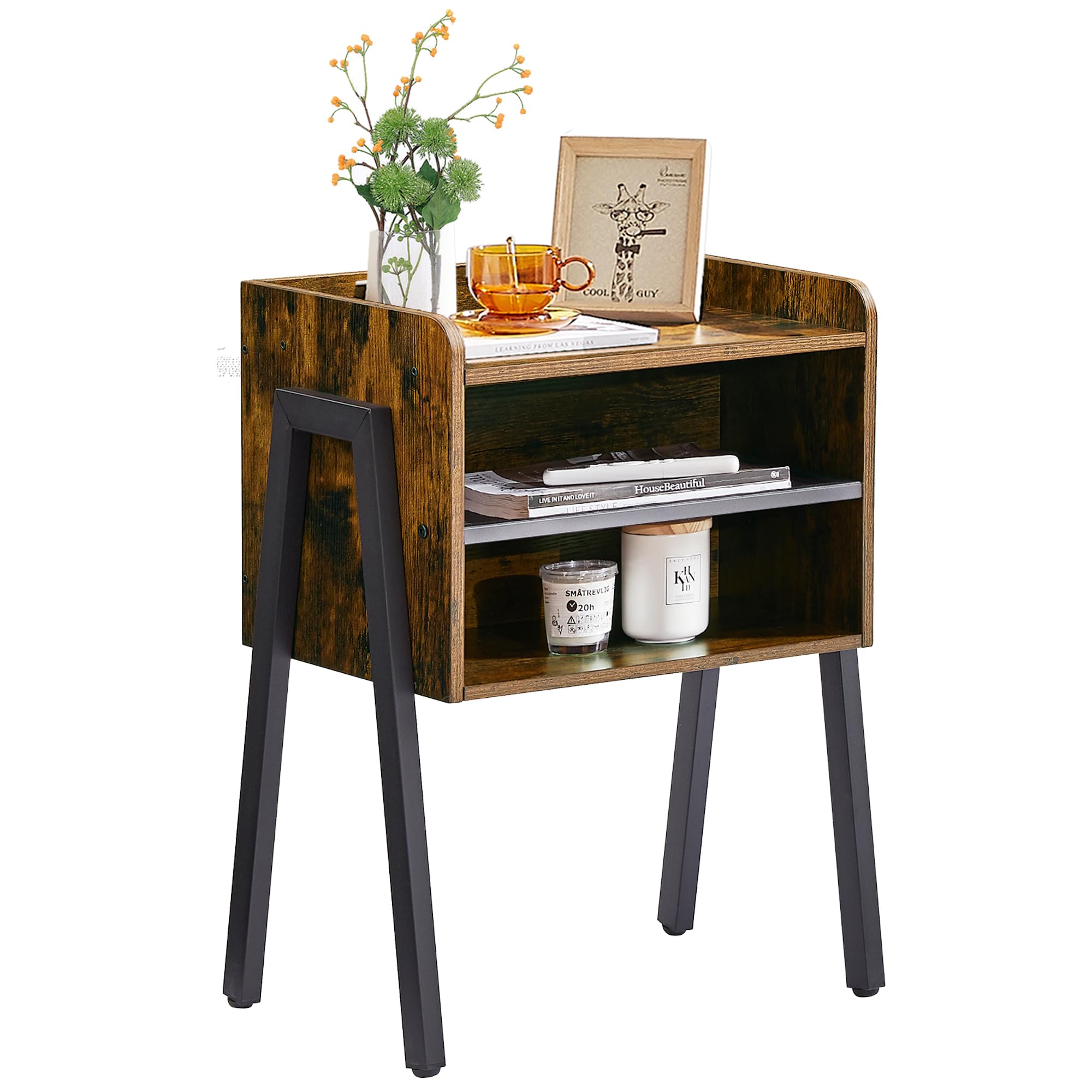 VECELO Nightstand Industrial Side End Table/Stackable Accent Furniture with 2-Tier Open Storage Compartments for Bedroom,and Small Spaces