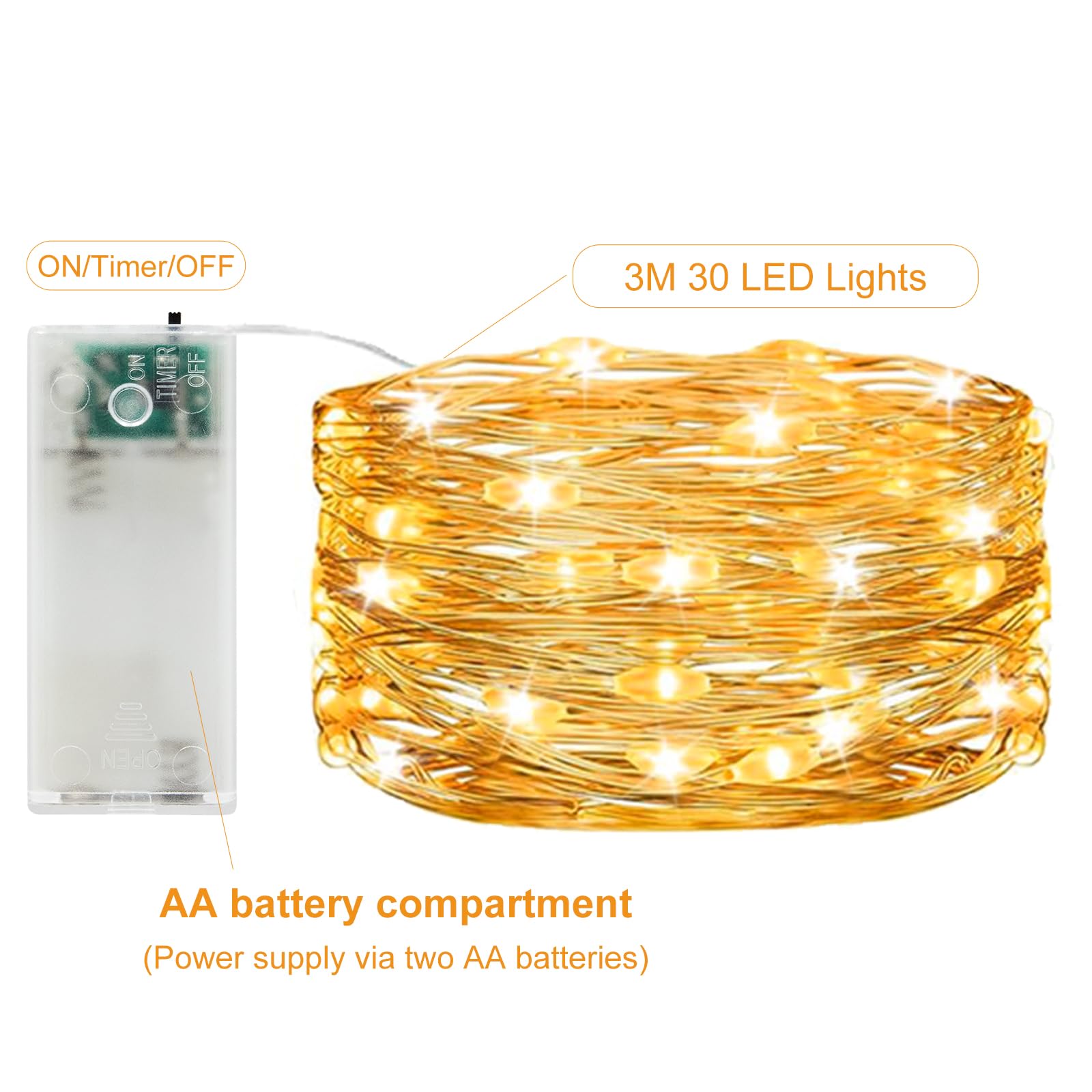 6 piezas Guirnalda luces led pilas,con temporizador 3M 30 LED micro alambre de cobre funcionamiento a pilas para interior decoración para fiesta jardín Navidad boda árbol dormitorio blanco cálido