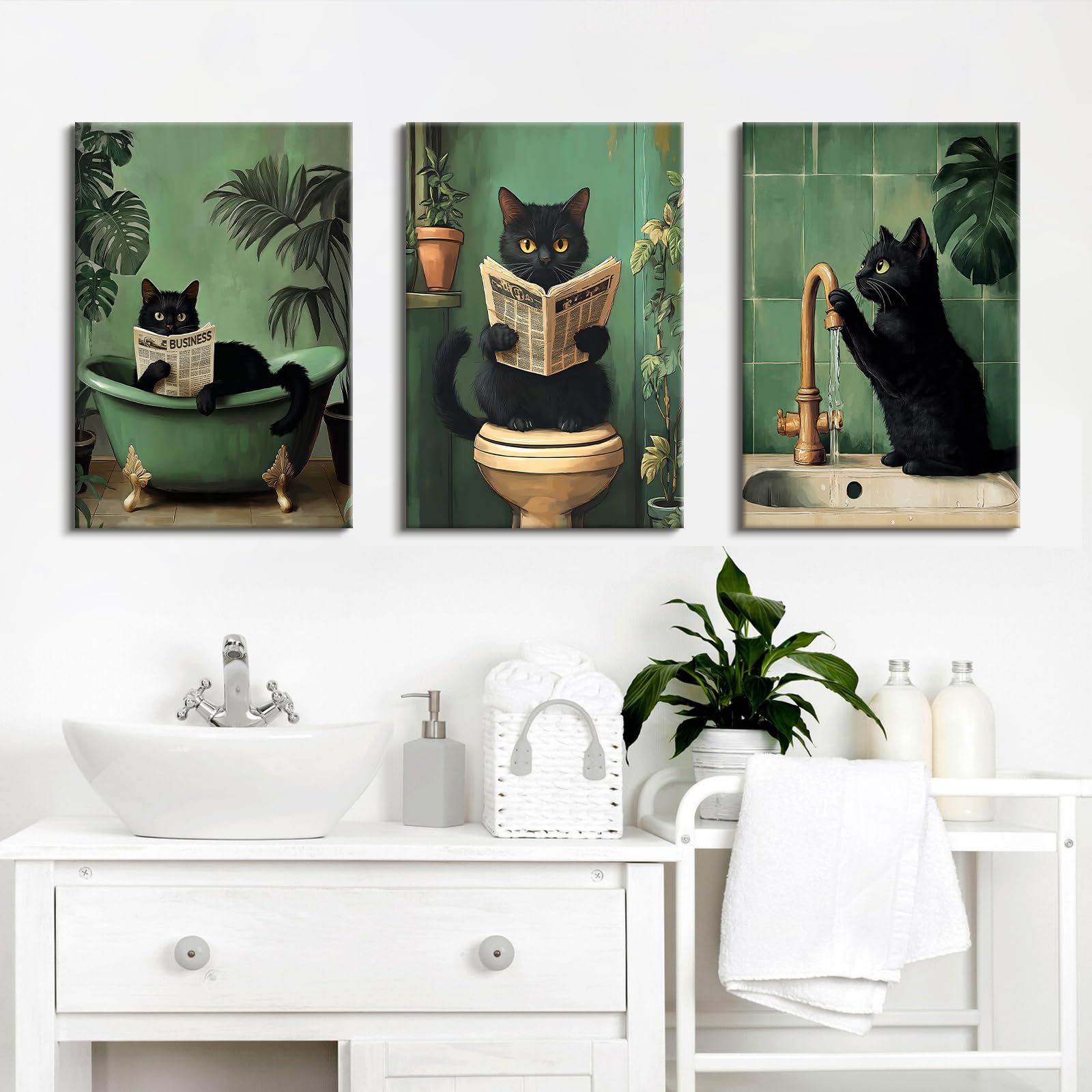 3 Pcs Wooden Framed Canvas Wall Art Funny Black Cat Canvas Prints Green Plants Kitten Cat Reading the Newspaper on Toilet Painting Animals Humor Pictures Bathroom Toilet Wall Decor 40x60 cm x3pcs - Image 2