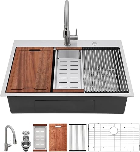 Lordear Fregadero de cocina de 33 x 22 pulgadas con grifo Fregadero de cocina 33 con grifo, estación de trabajo combinada de acero inoxidable