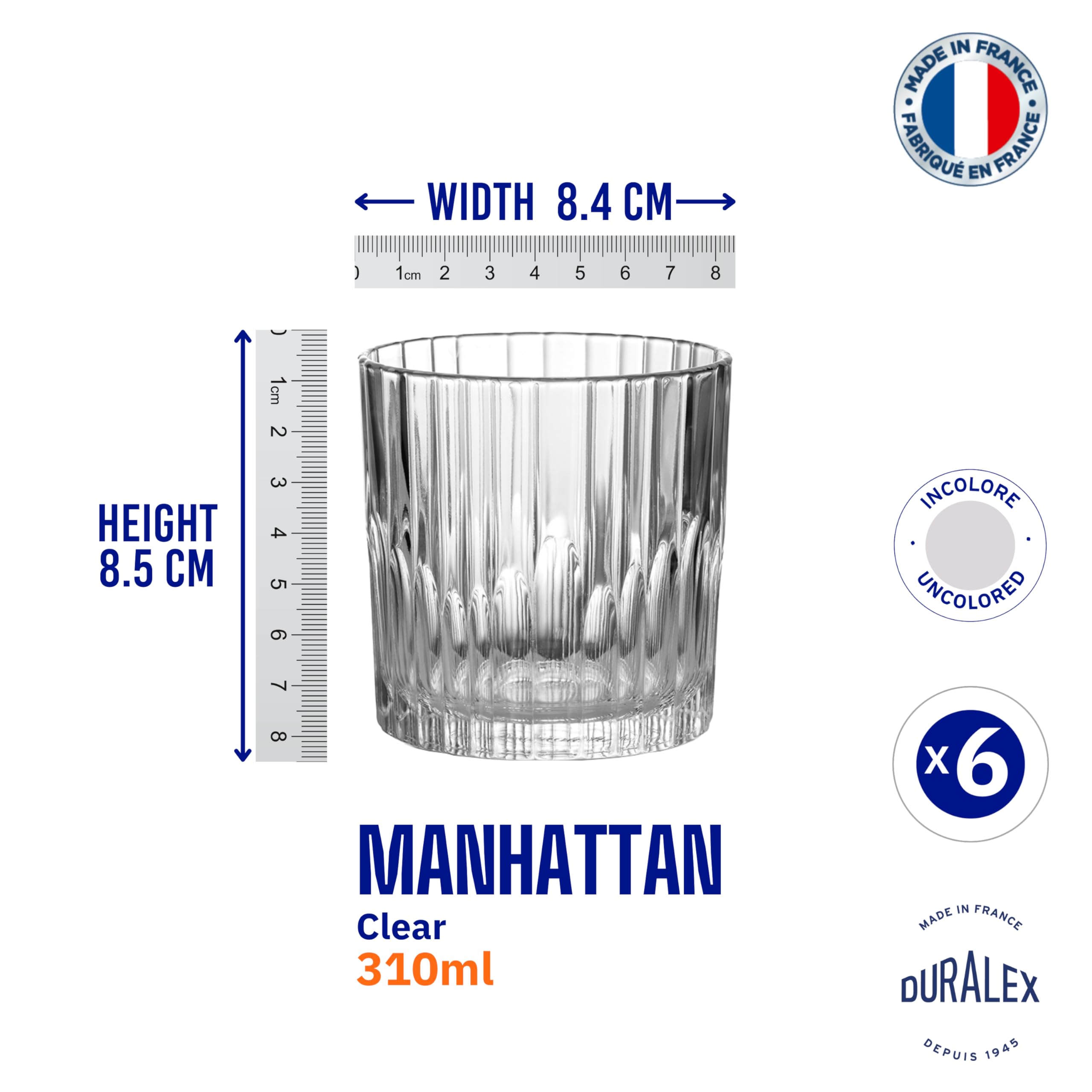 Duralex France Manhattan Whiskey Glasses Set of 6 pcs- 310 ml Bar Glass for Drinking Bourbon, Whisky, Scotch, Cocktails, Cognac- Old Fashioned Cocktail Tumblers 3